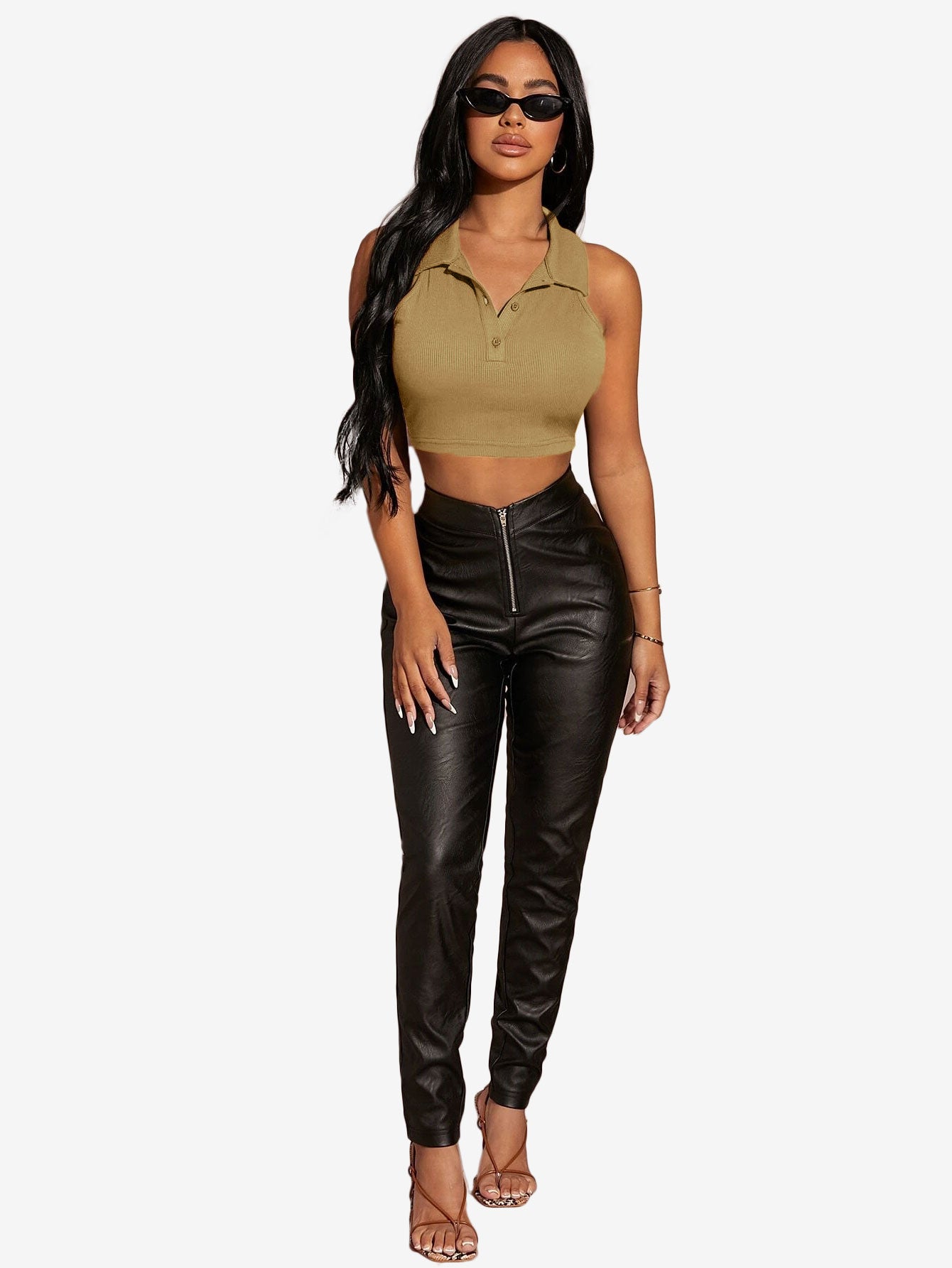 Button Half Placket Ribbed Tank Top