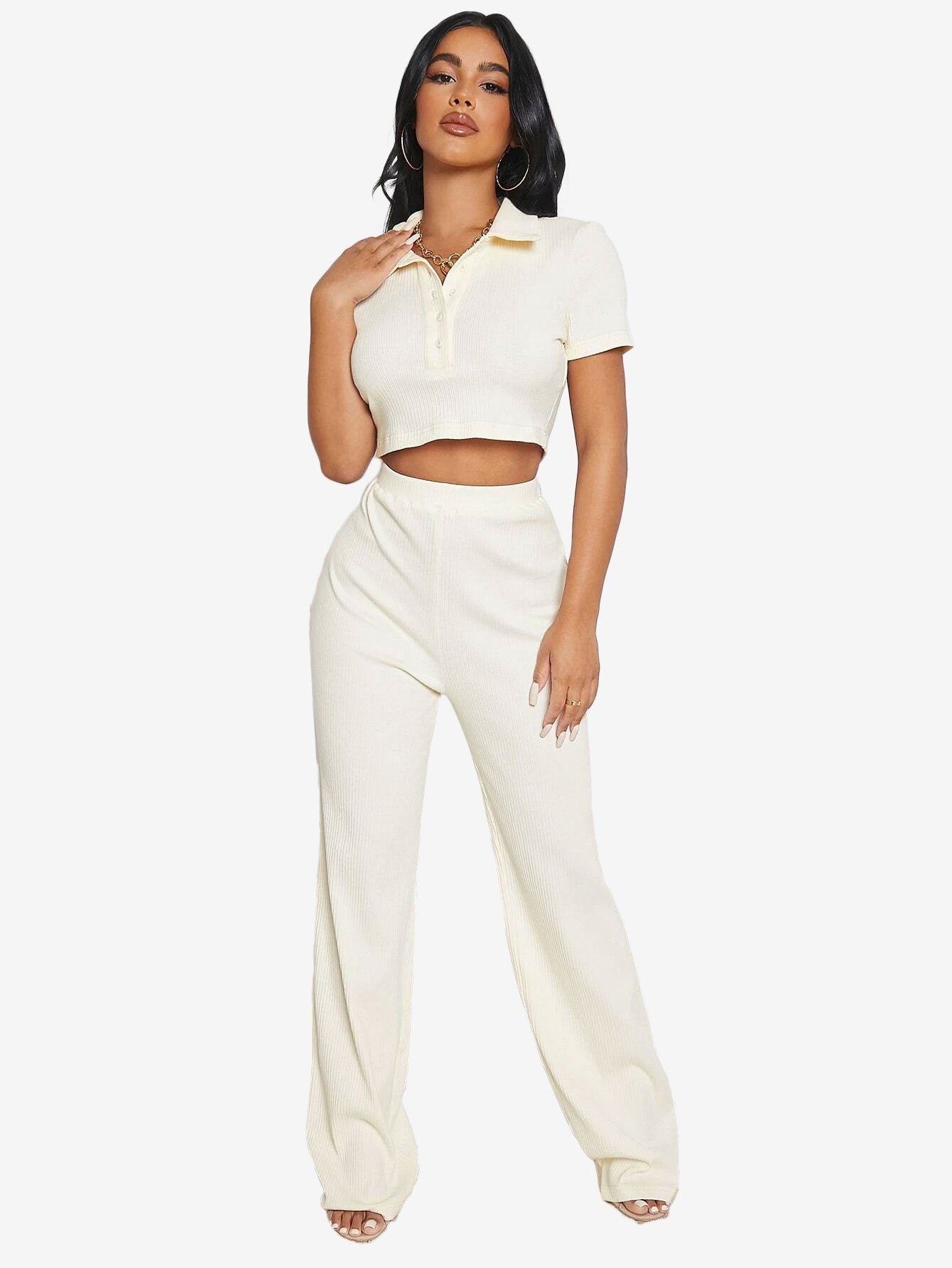 Button Half Placket Rib-knit Crop Top