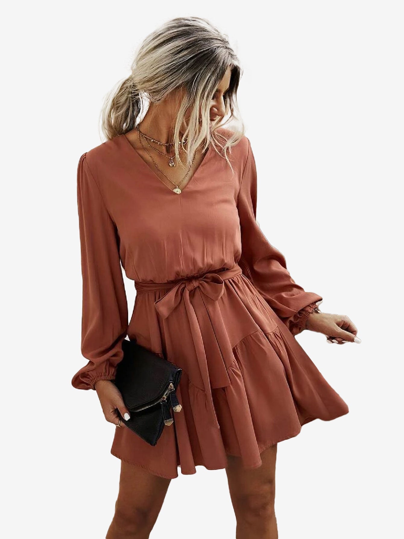 Charming V Neck Lantern Sleeve Belted Dress