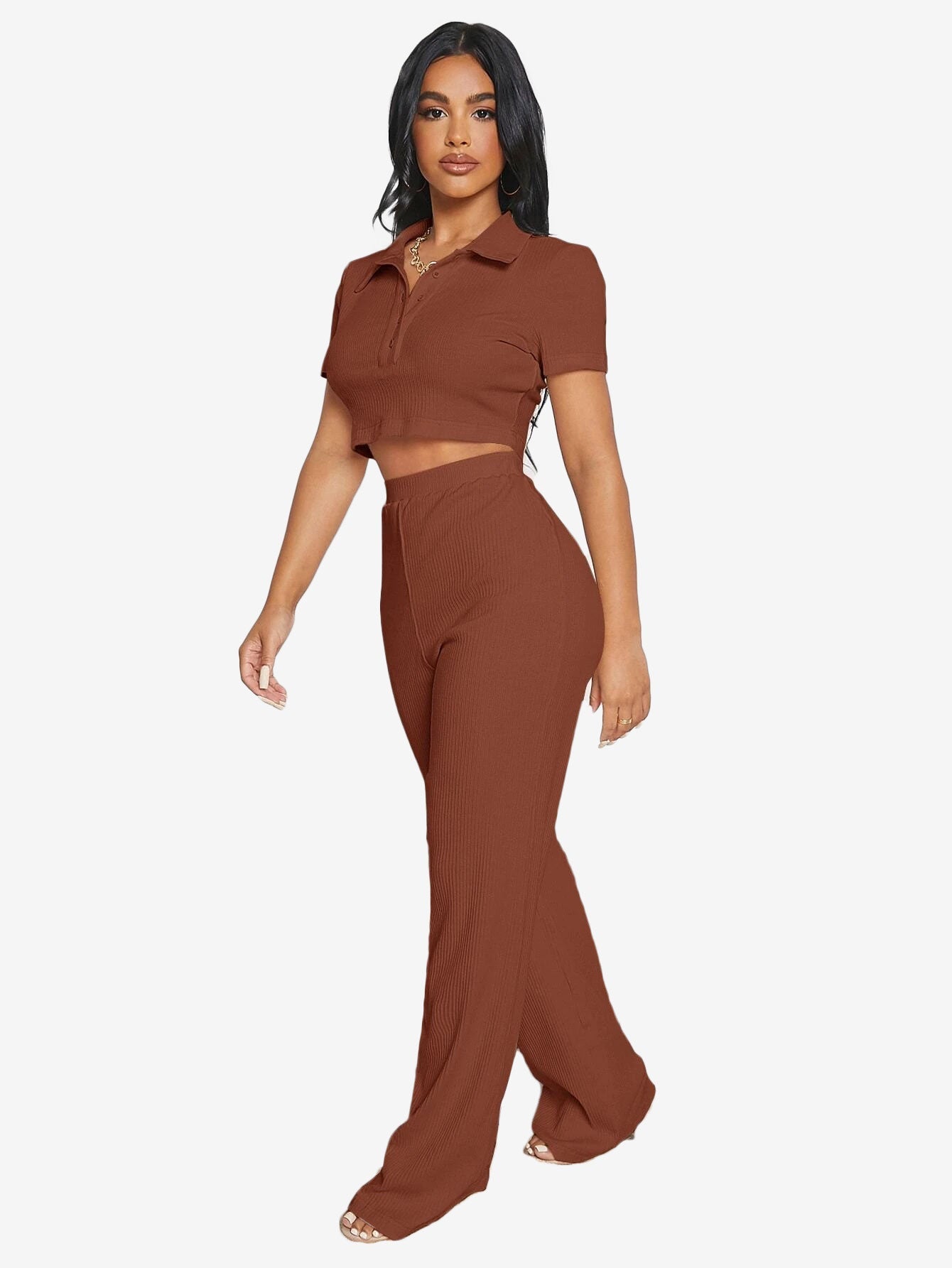 Button Half Placket Rib-knit Crop Top