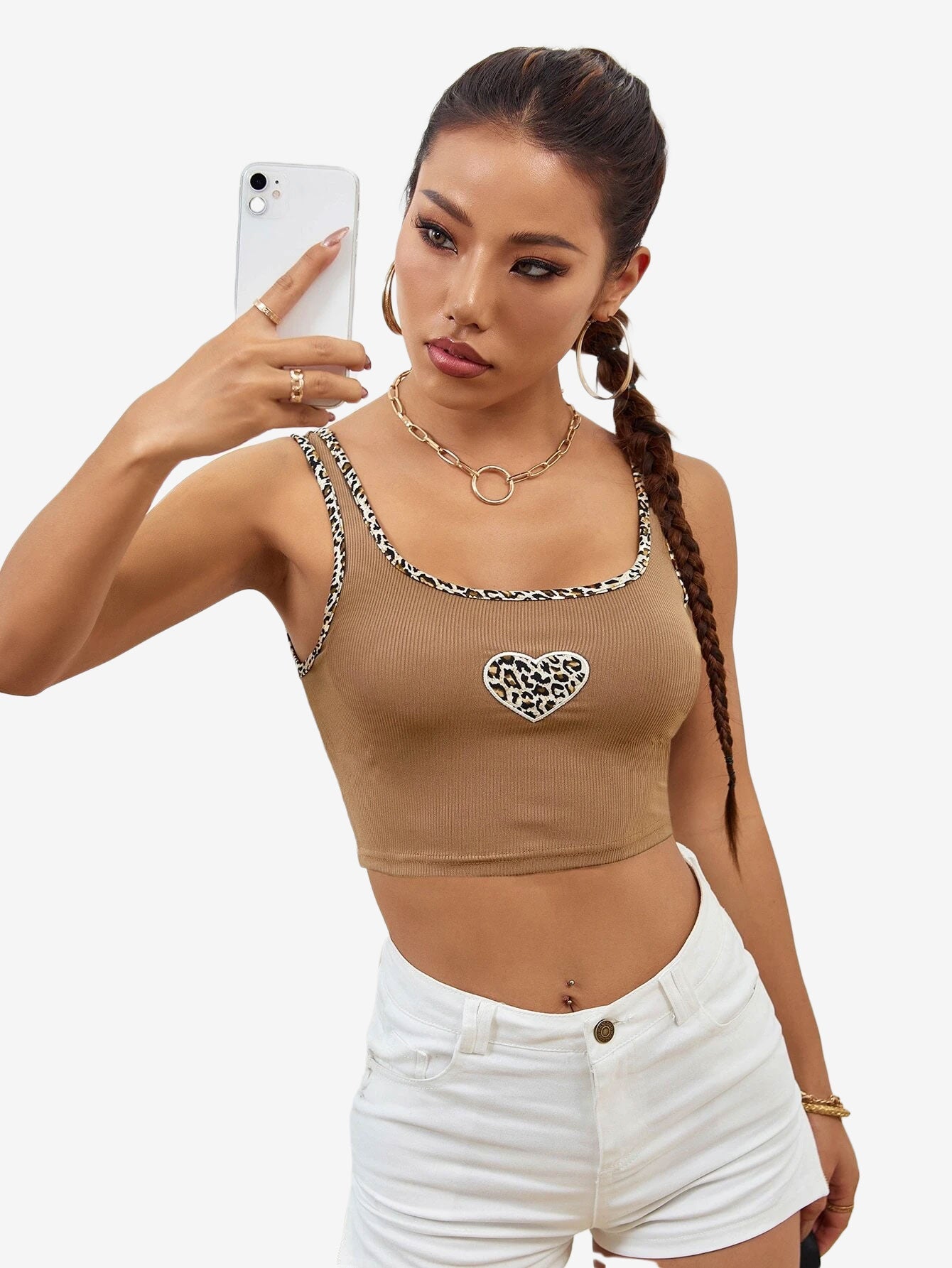 Leopard Binding Heart Embroidery Tank Top