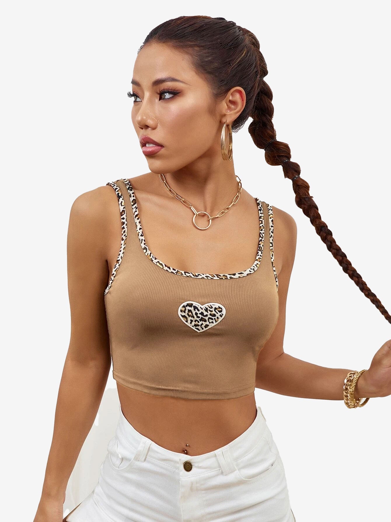 Leopard Binding Heart Embroidery Tank Top