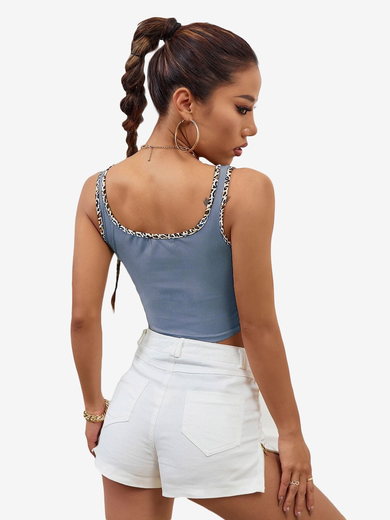 Leopard Binding Heart Embroidery Tank Top