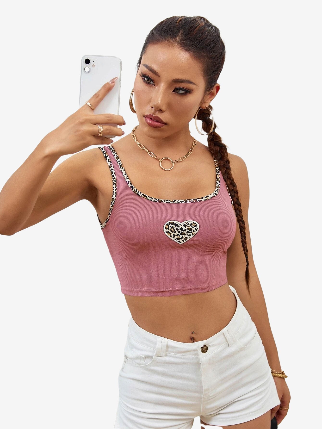 Leopard Binding Heart Embroidery Tank Top