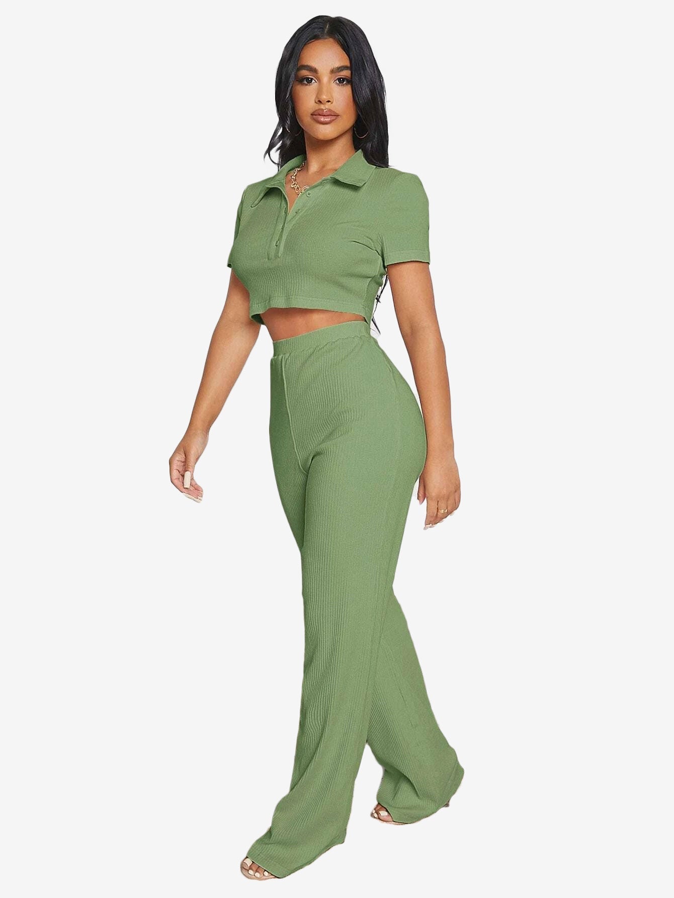 Button Half Placket Rib-knit Crop Top