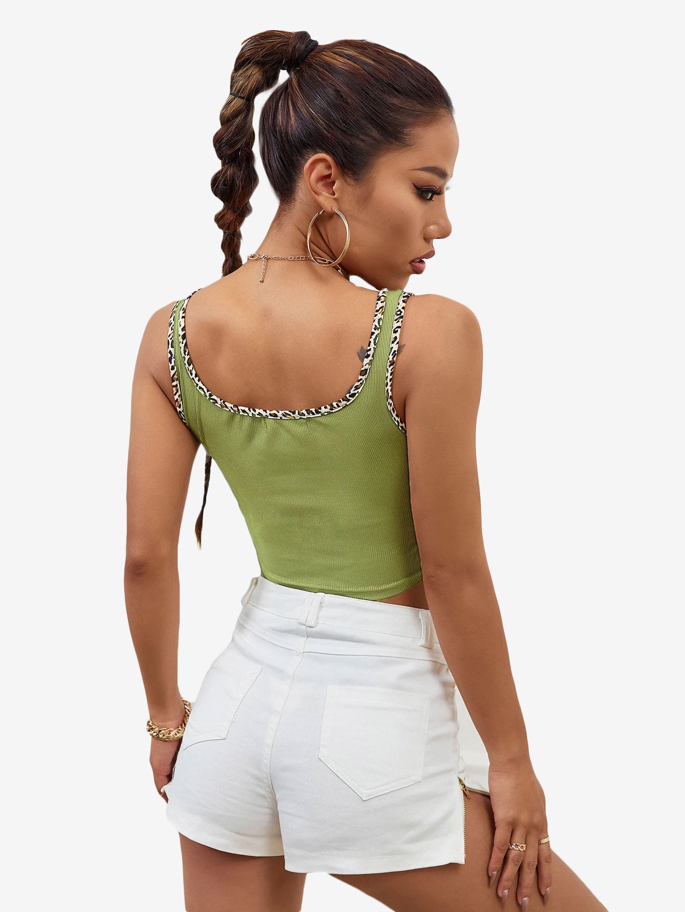 Leopard Binding Heart Embroidery Tank Top