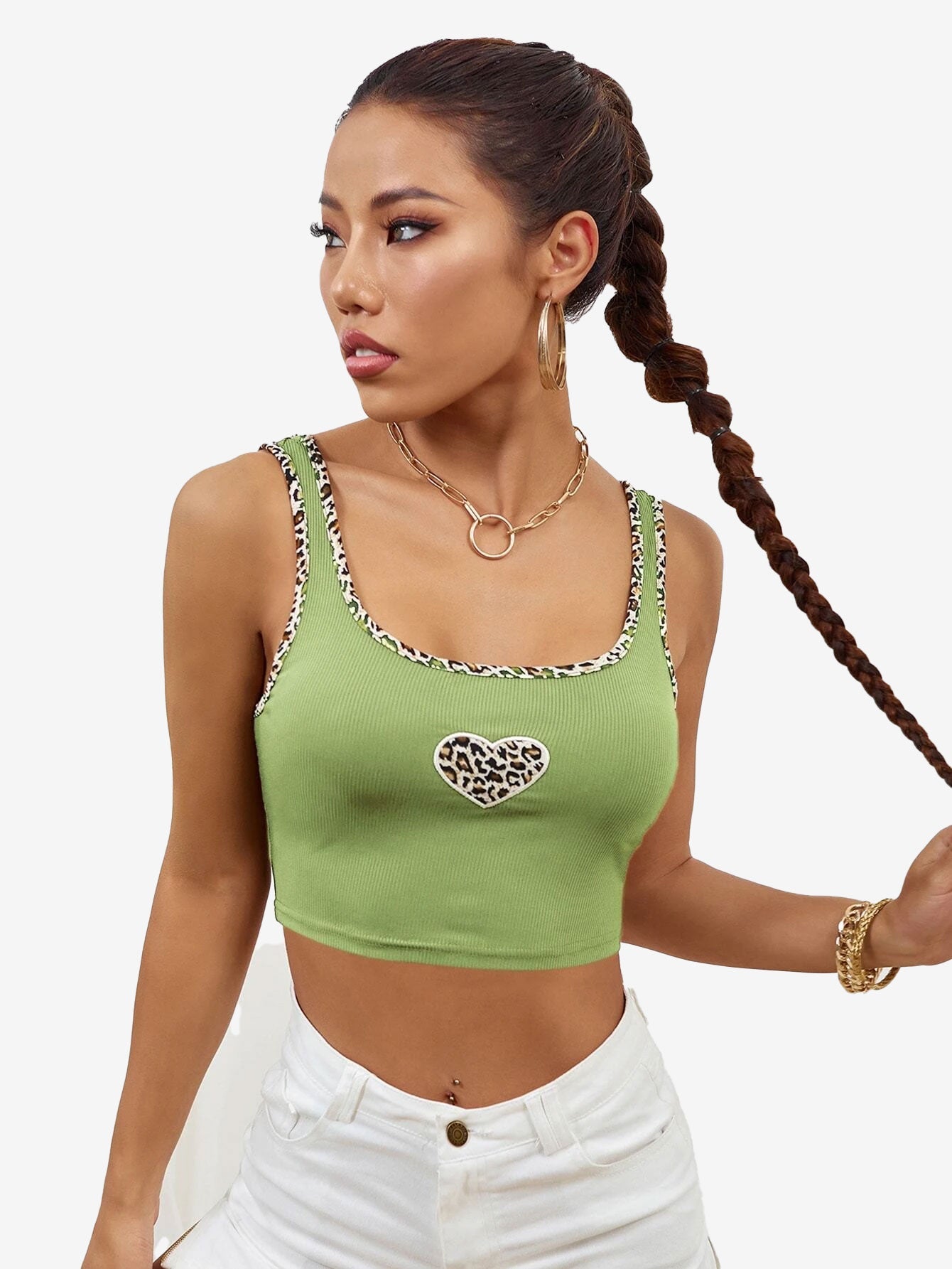 Leopard Binding Heart Embroidery Tank Top