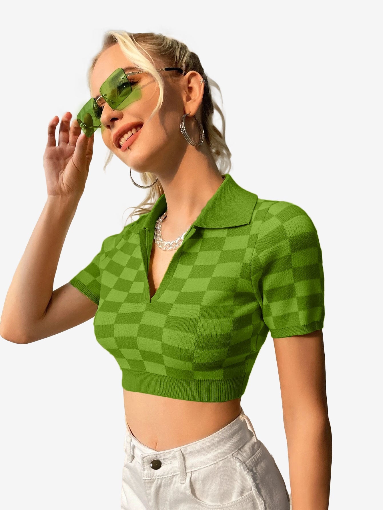 Color Block Knitted Polo Top Plaid