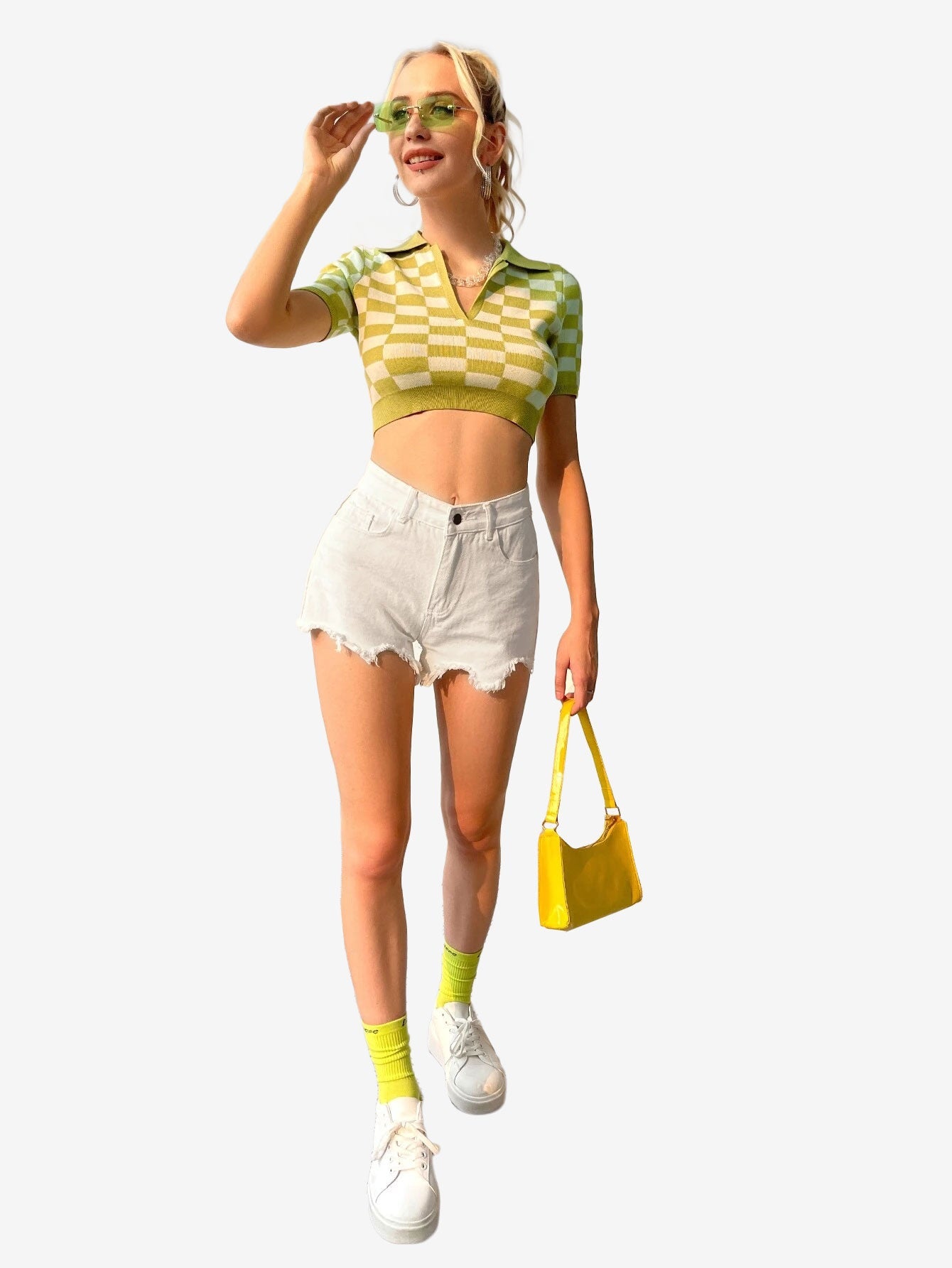 Color Block Knitted Polo Top Plaid