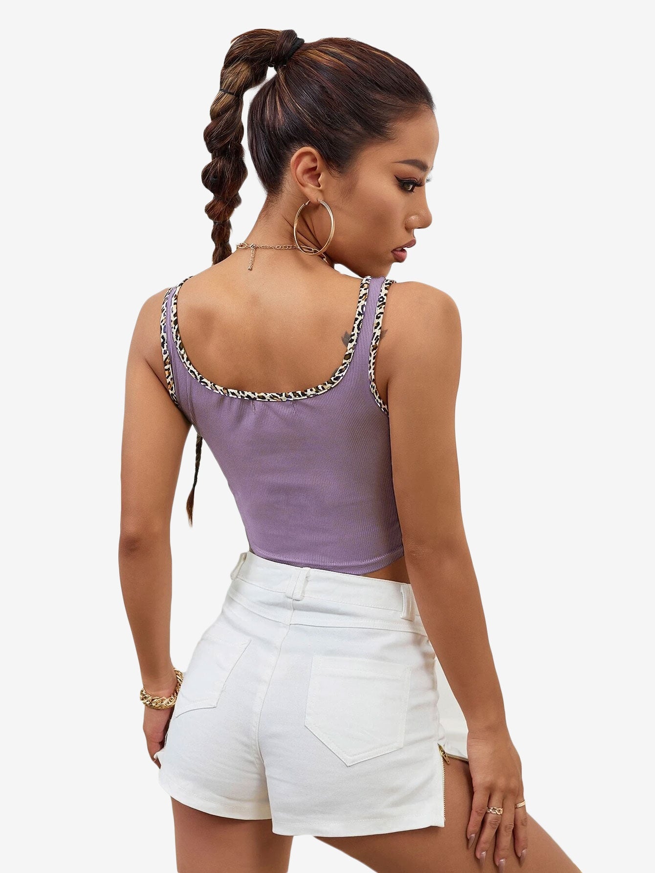 Leopard Binding Heart Embroidery Tank Top