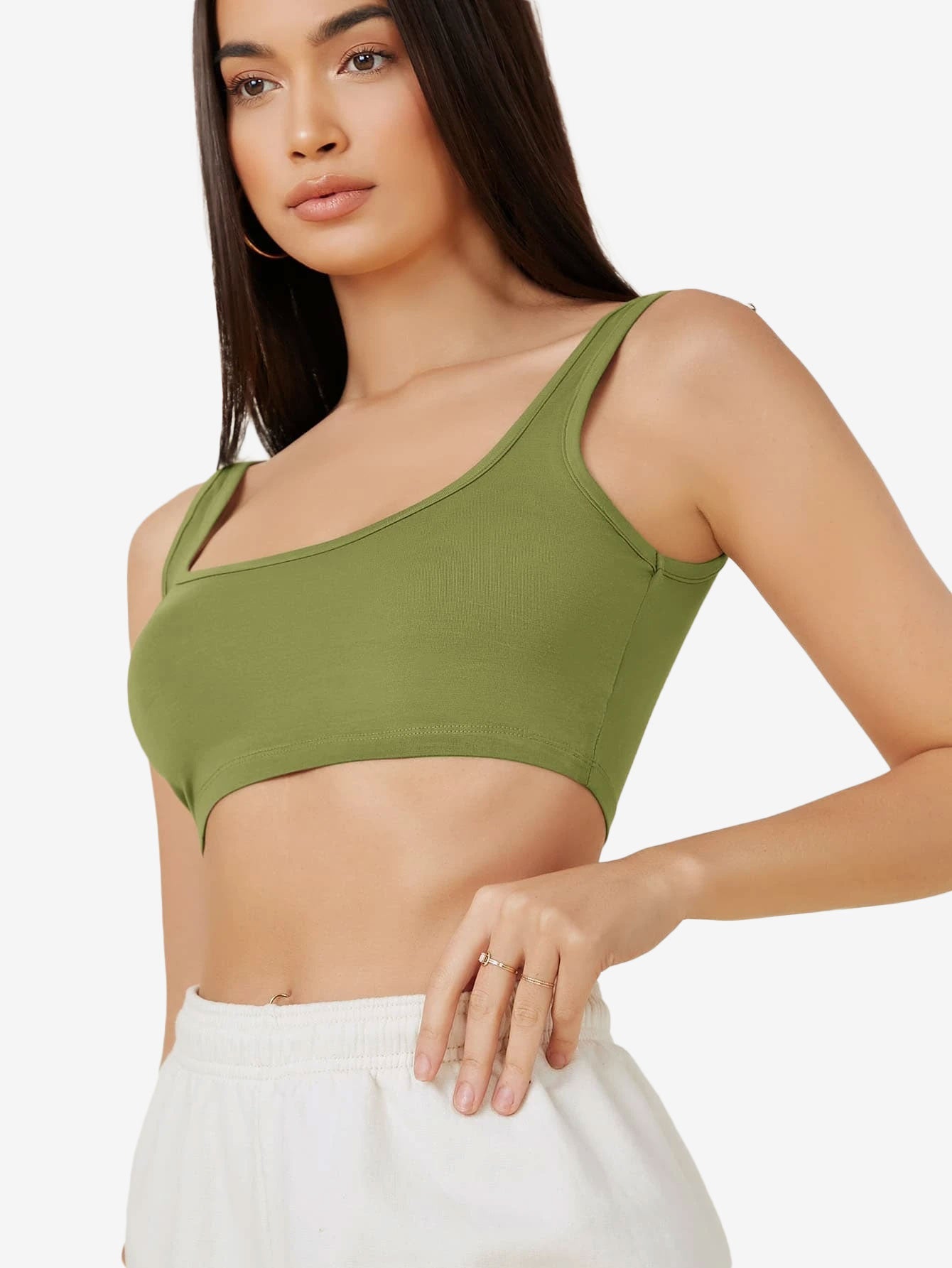 Basics Double Scoop Neck Solid Crop Tank Top