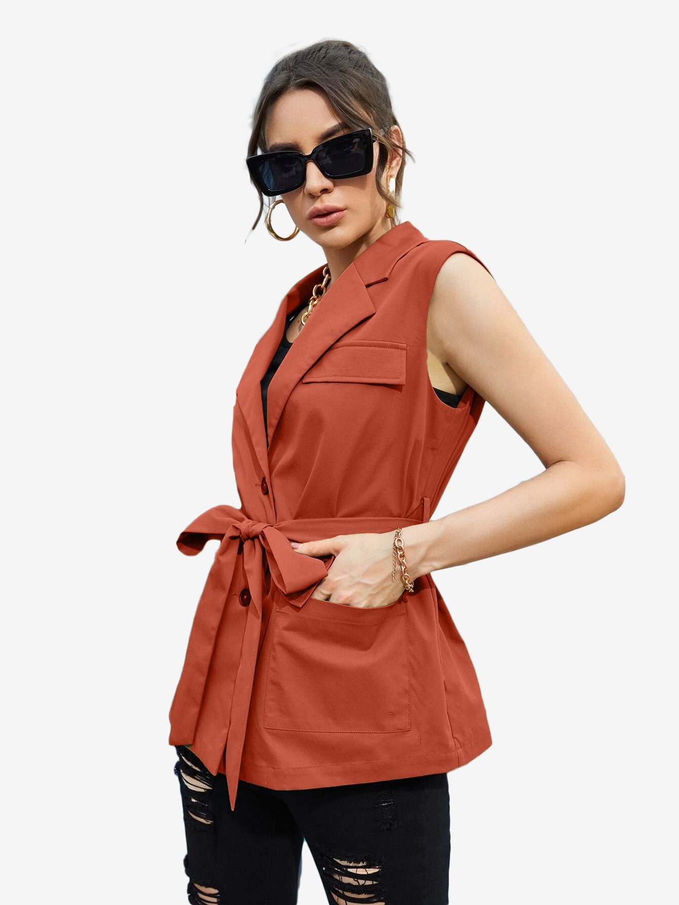 Autumn Lapel Neck Flap Pocket Belted Vest Blazer