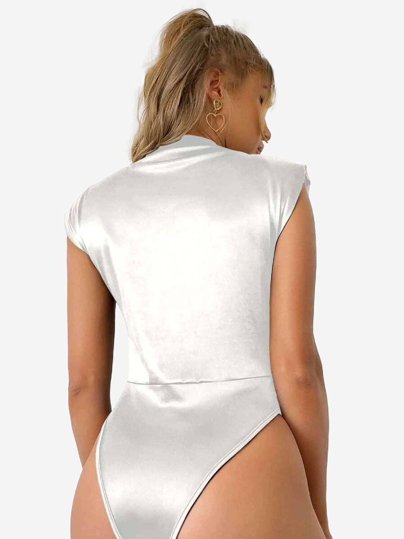 Delightful Shoulder Pad Solid Satin Bodysuit