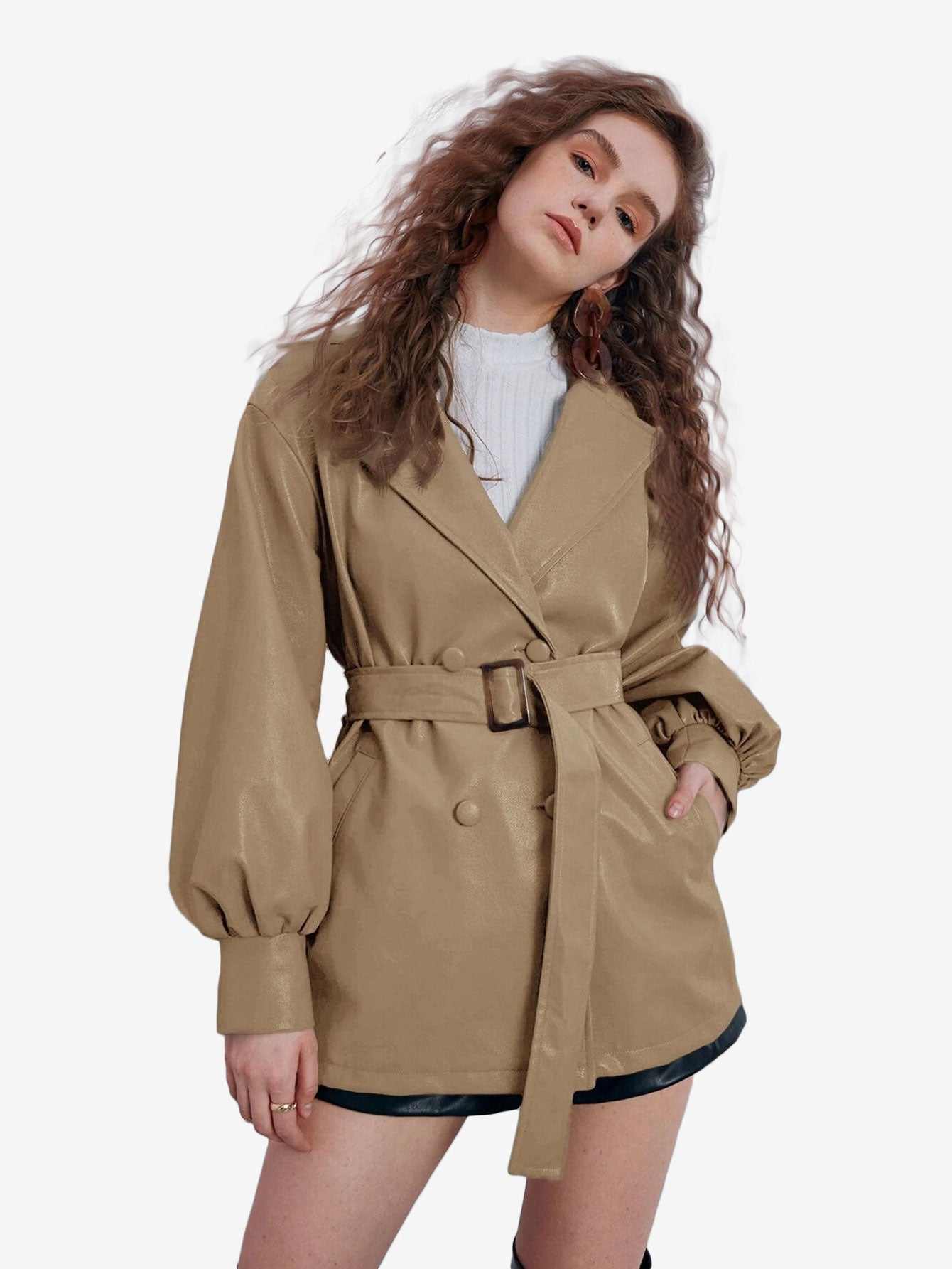 Double Breasted Lapel Neck Lantern Sleeve Belted PU Leather Trench Coat