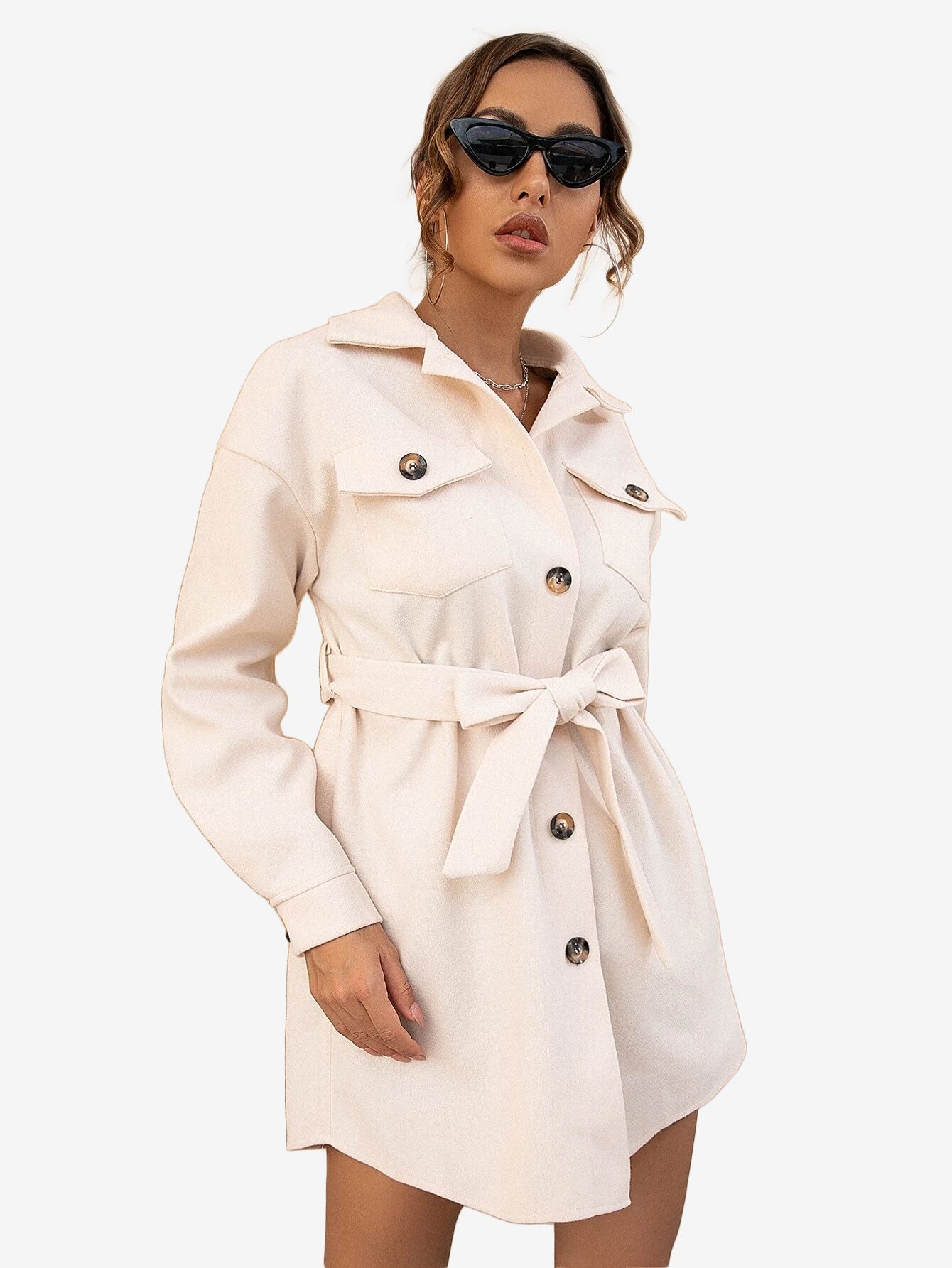 Drop Shoulder Flap Pocket Belted Overcoat