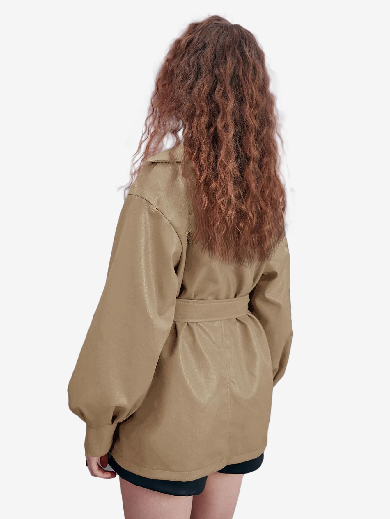 Double Breasted Lapel Neck Lantern Sleeve Belted PU Leather Trench Coat