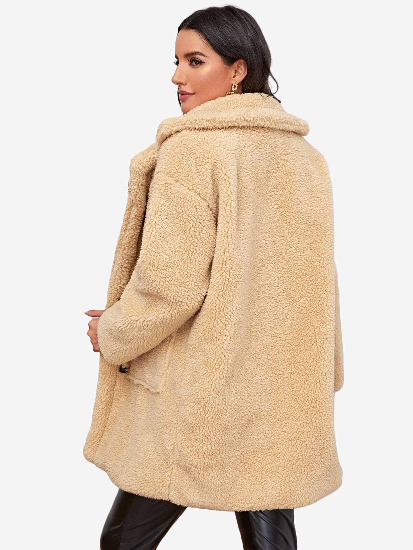 Lapel Collar Dual Pockets Teddy Coat