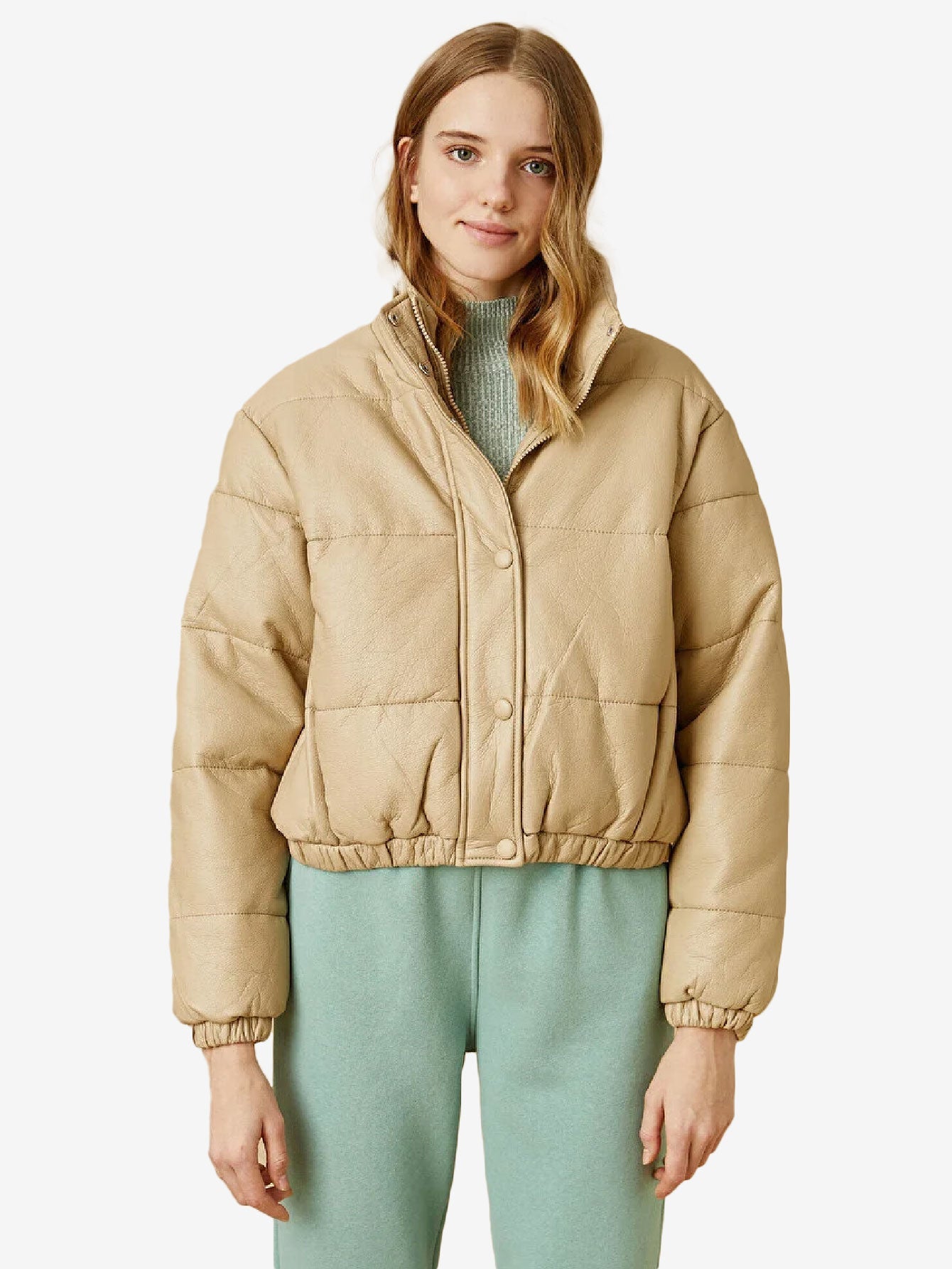 Cozy Zip Up Faux Leather Puffer Jacket