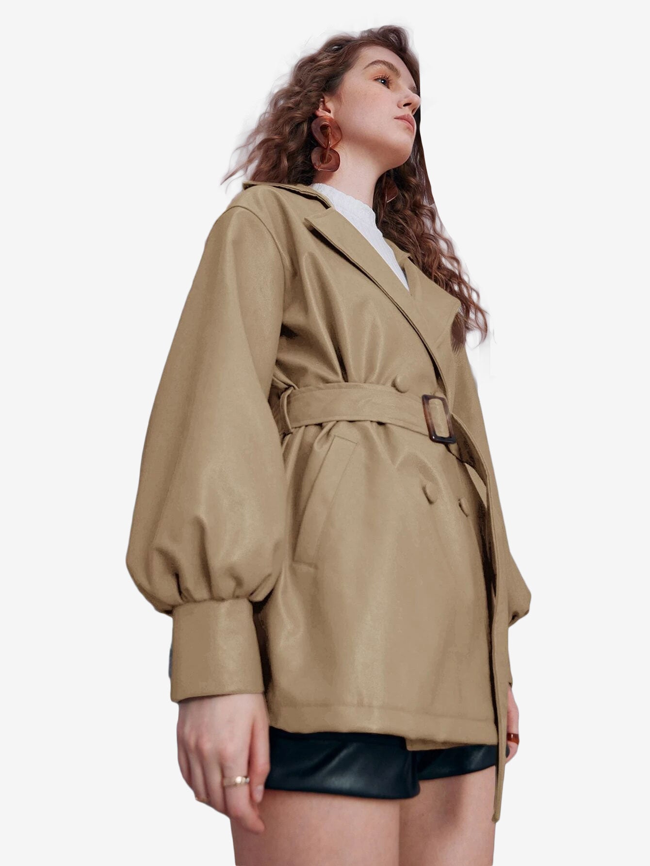 Double Breasted Lapel Neck Lantern Sleeve Belted PU Leather Trench Coat