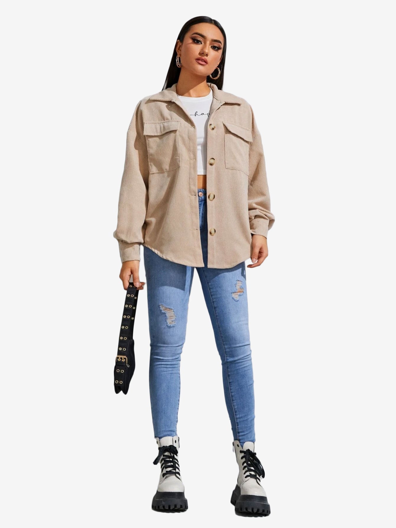 Flap Pocket Drop Shoulder Corduroy Coat
