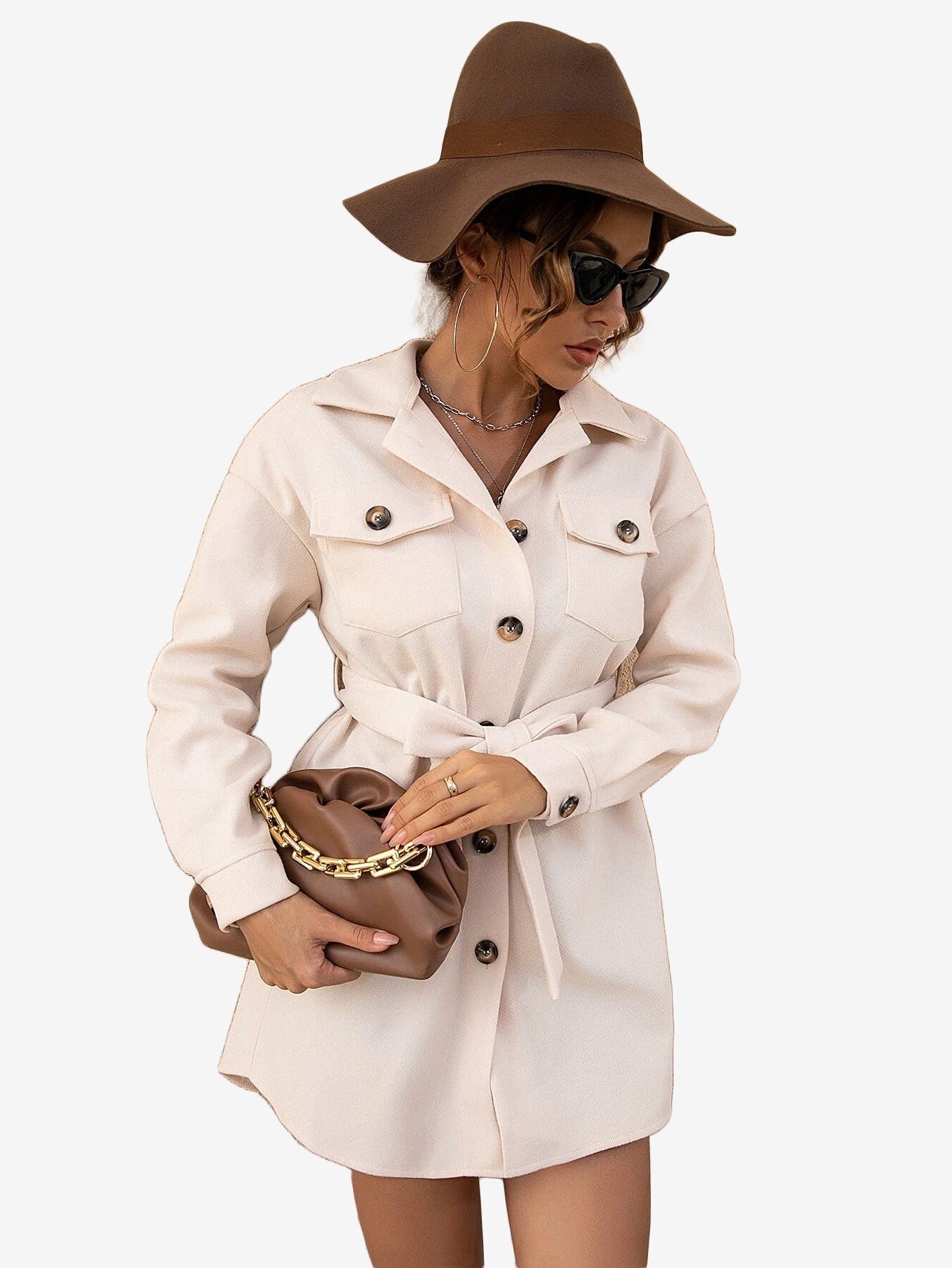 Drop Shoulder Flap Pocket Belted Overcoat