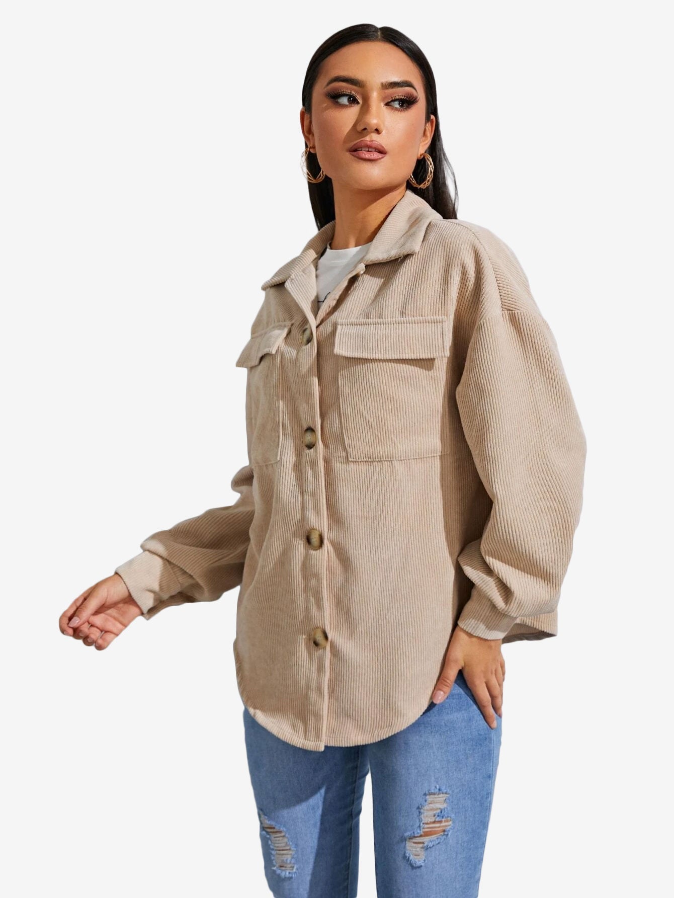 Flap Pocket Drop Shoulder Corduroy Coat