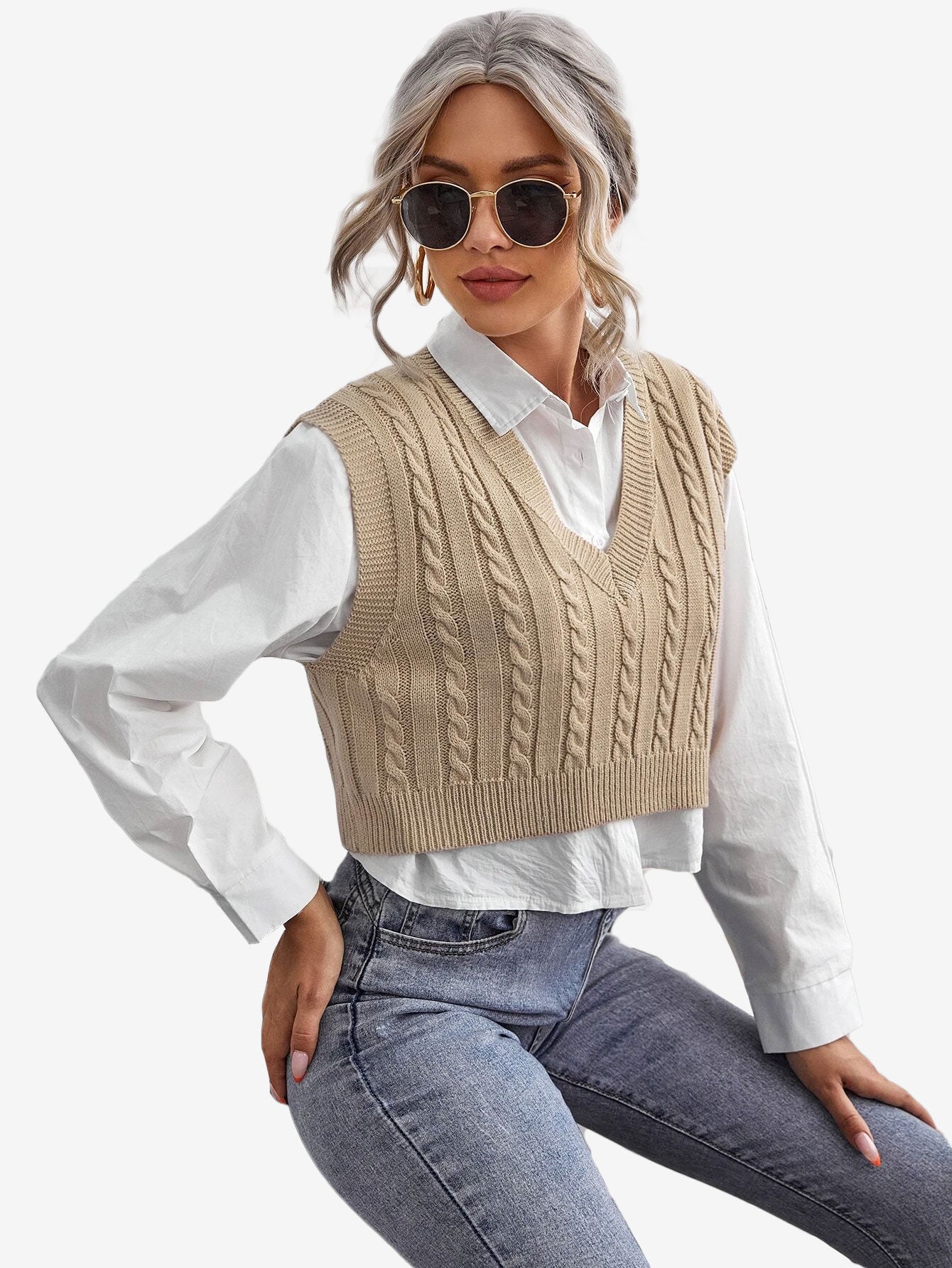 Cable Knit V-neck Sweater Vest