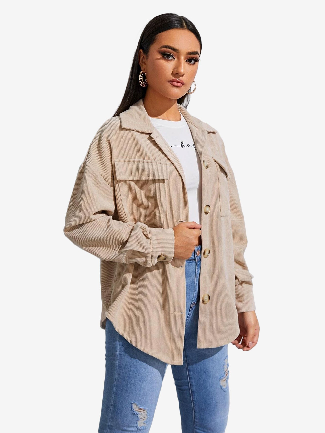 Flap Pocket Drop Shoulder Corduroy Coat