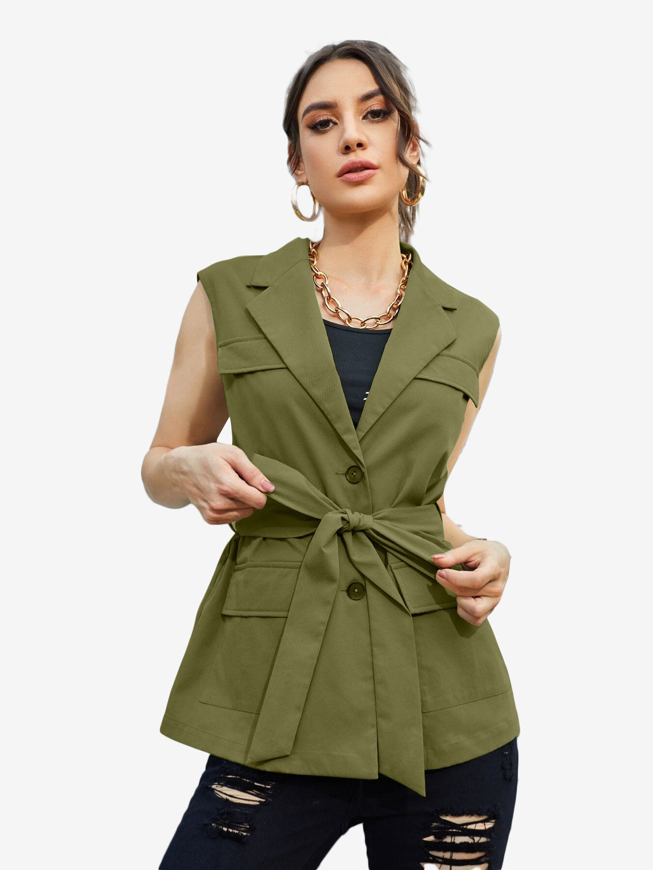 Autumn Lapel Neck Flap Pocket Belted Vest Blazer