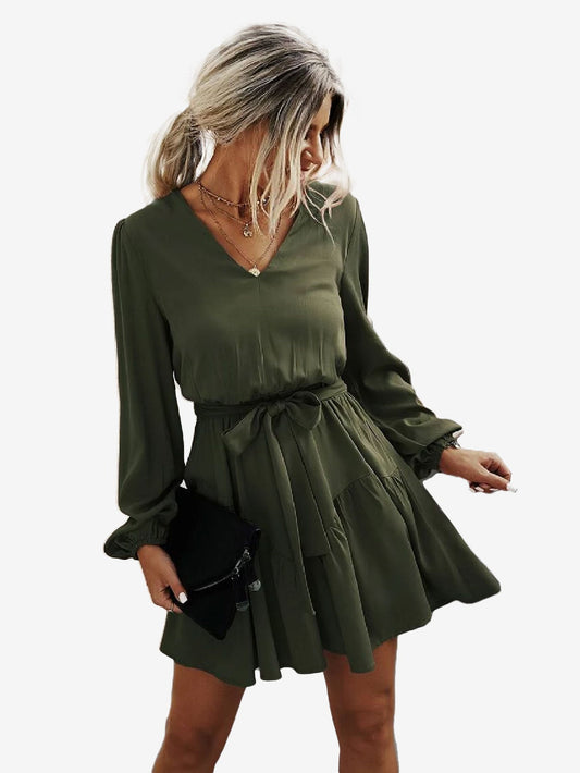 Charming V Neck Lantern Sleeve Belted Dress