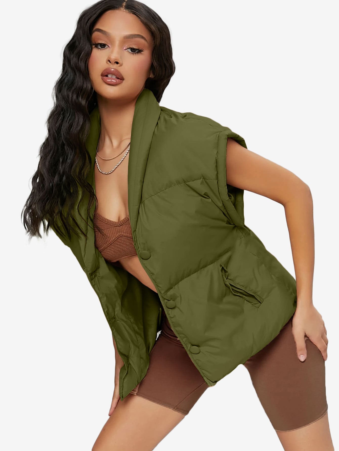 Shawl Collar Slant Pockets Puffer Vest Coat