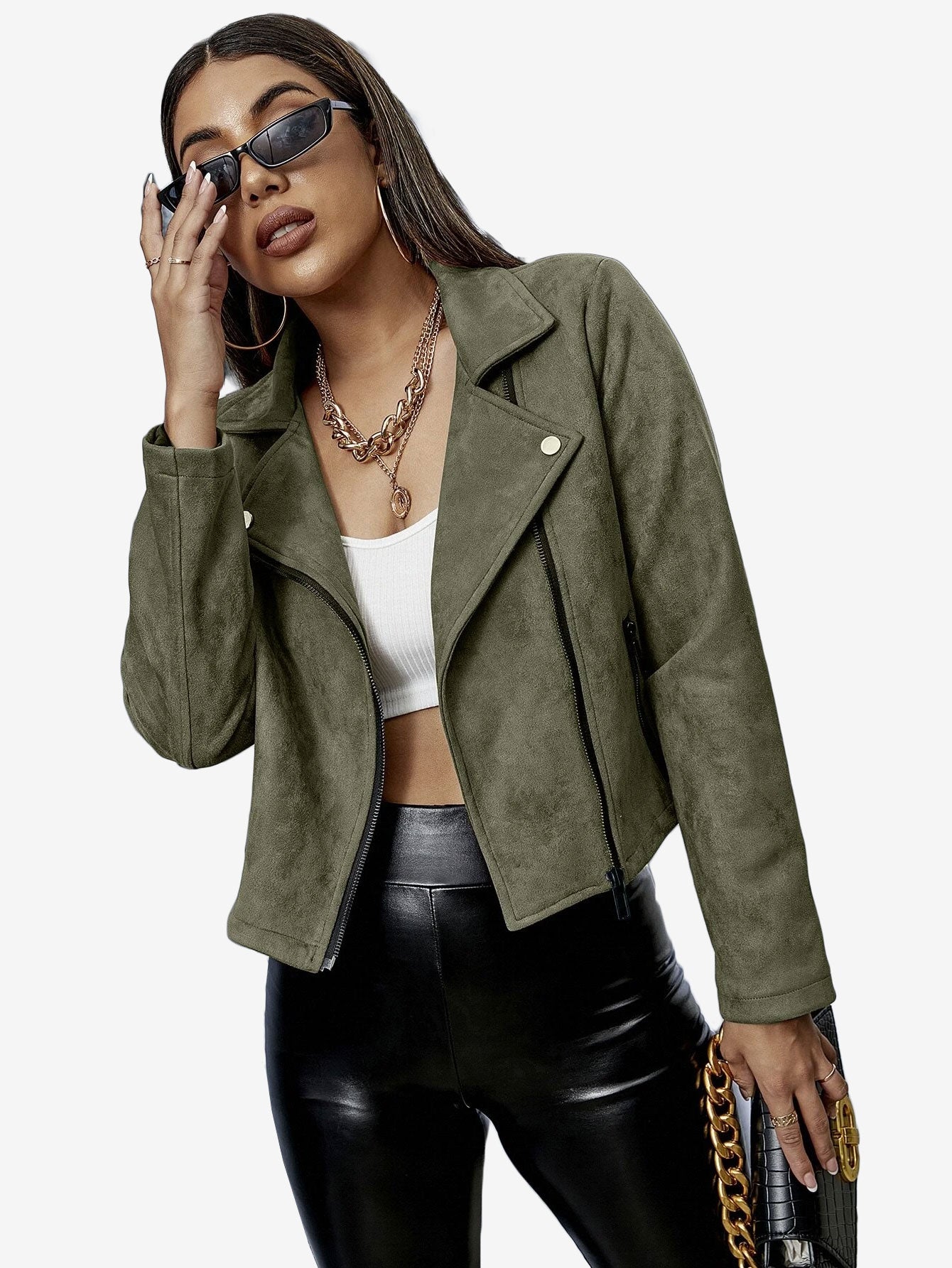 Energetic Solid Zip Up Suede Jacket