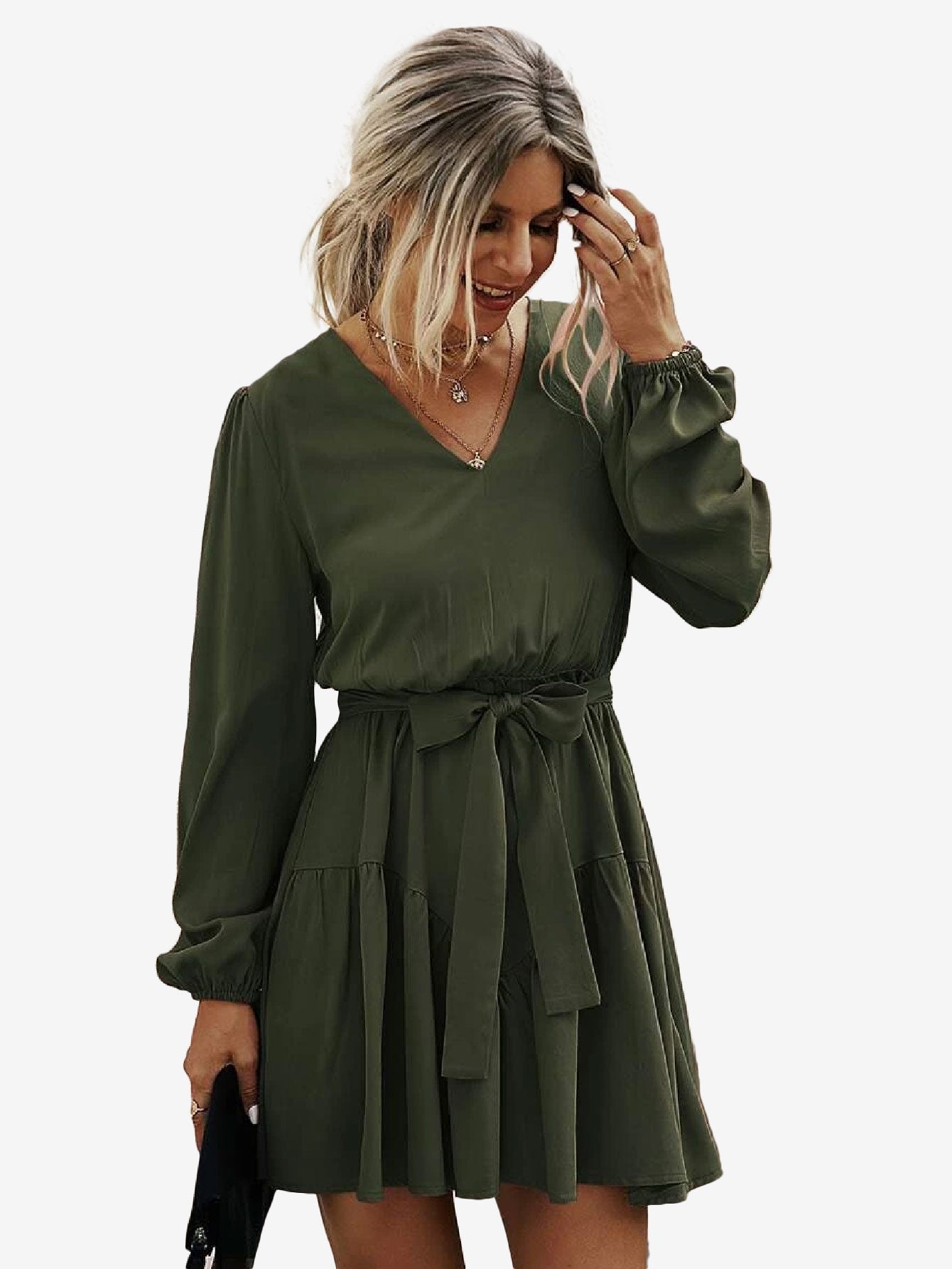 Charming V Neck Lantern Sleeve Belted Dress