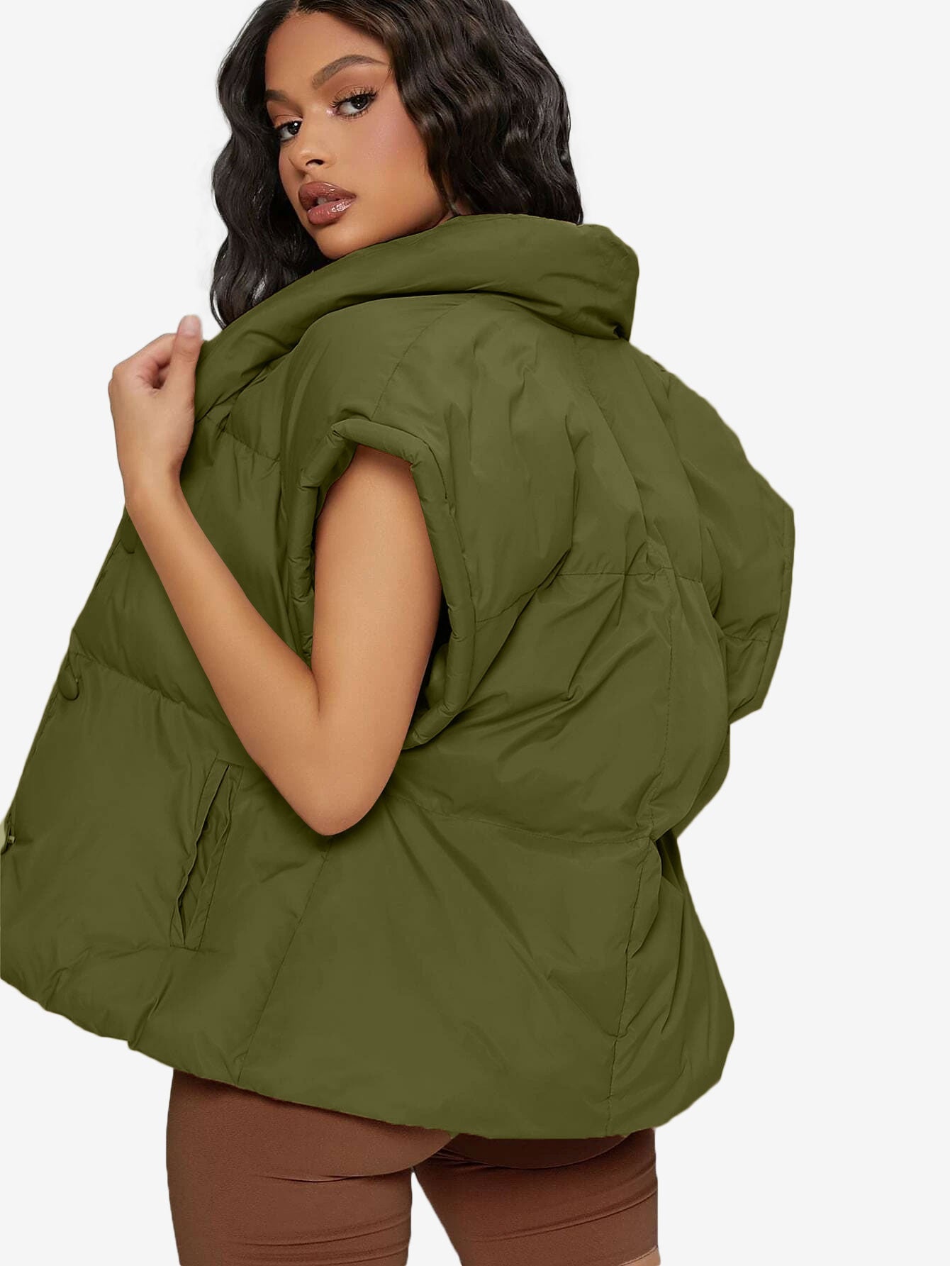 Shawl Collar Slant Pockets Puffer Vest Coat