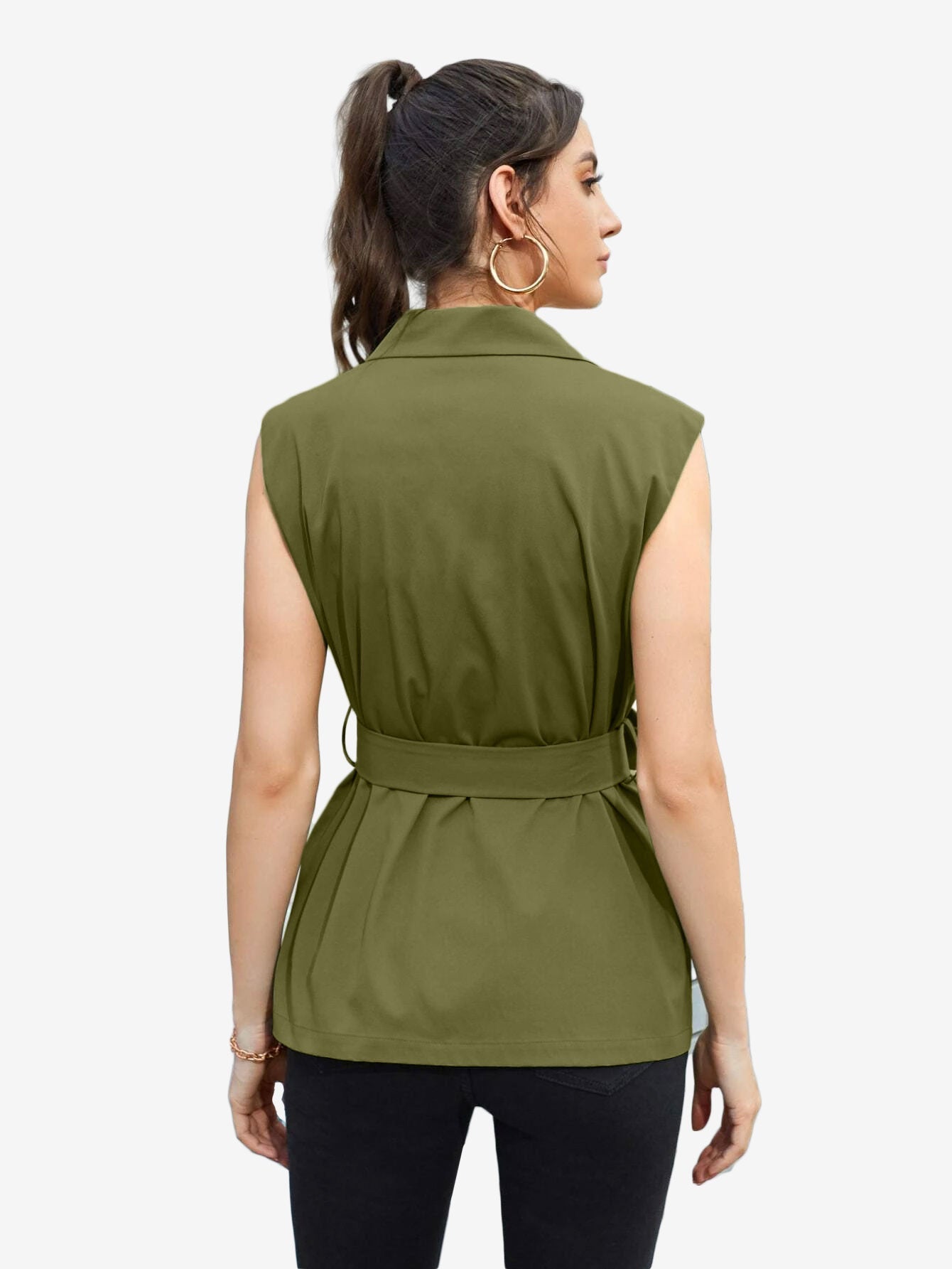 Autumn Lapel Neck Flap Pocket Belted Vest Blazer