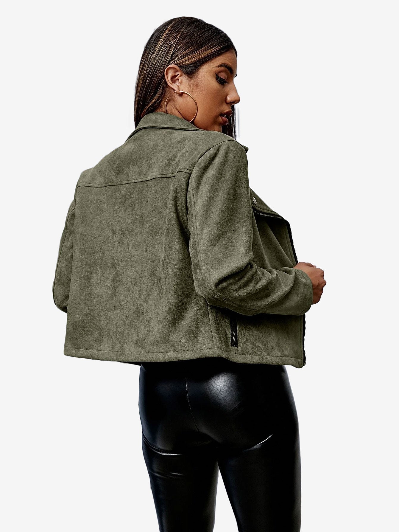 Energetic Solid Zip Up Suede Jacket