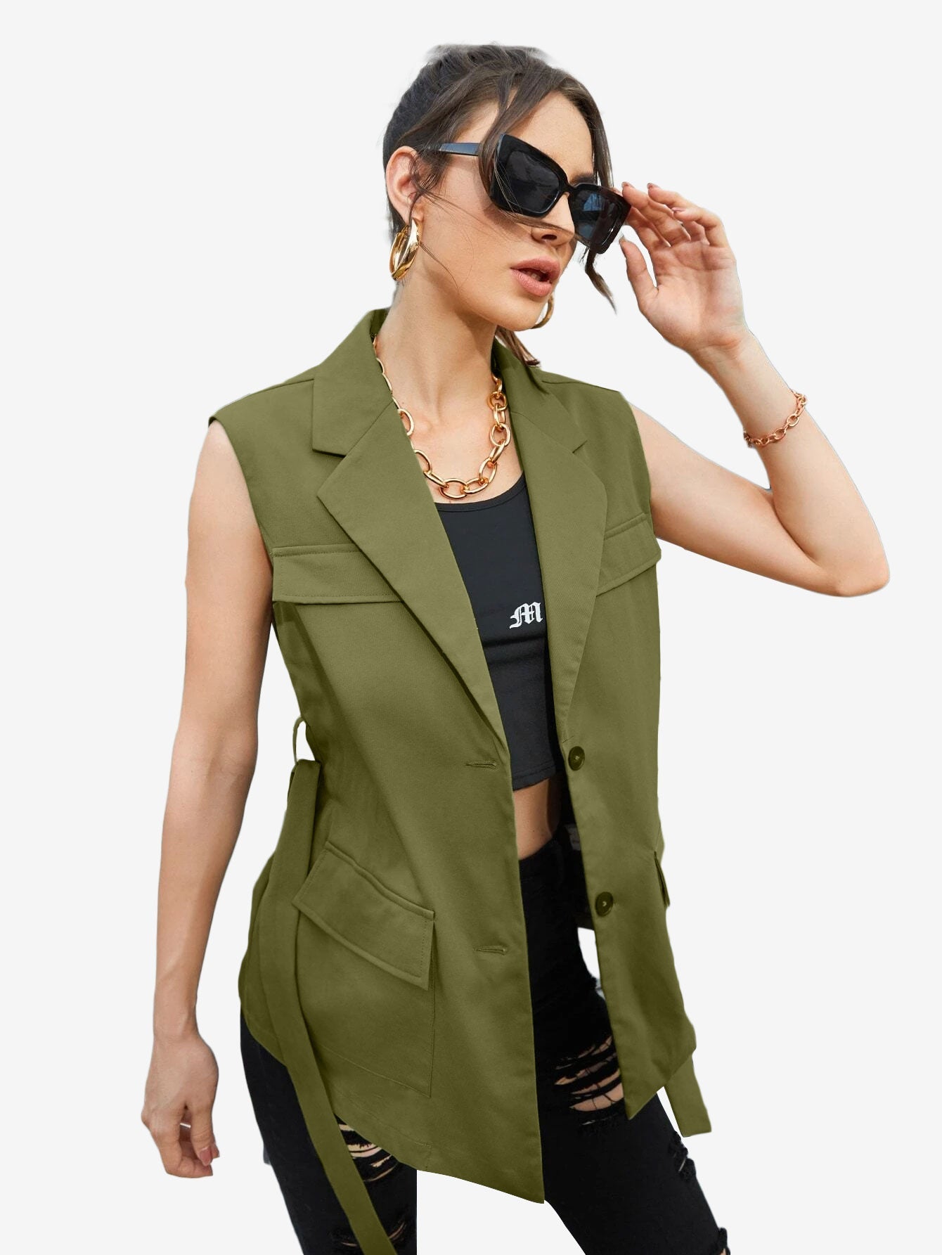 Autumn Lapel Neck Flap Pocket Belted Vest Blazer