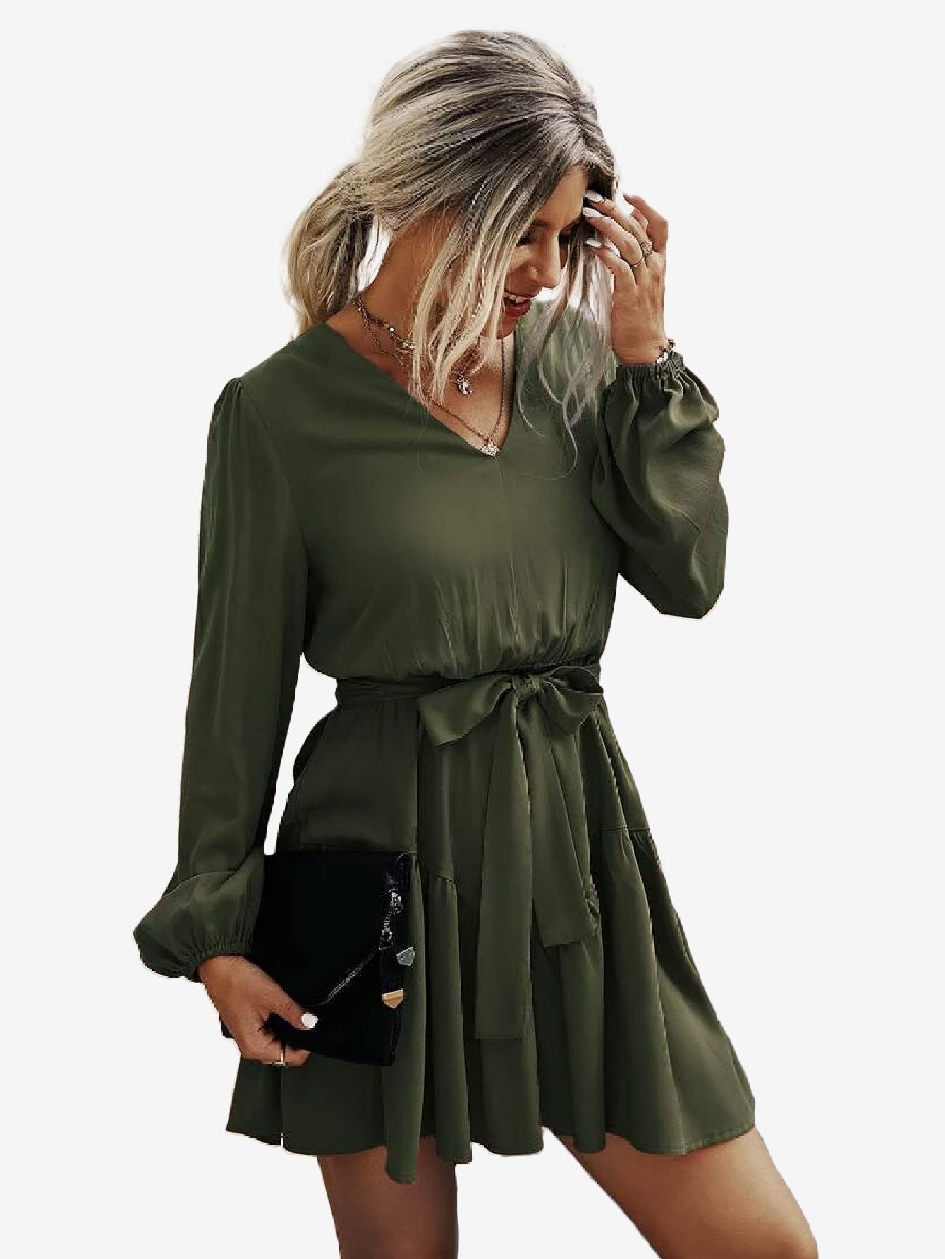 Charming V Neck Lantern Sleeve Belted Dress