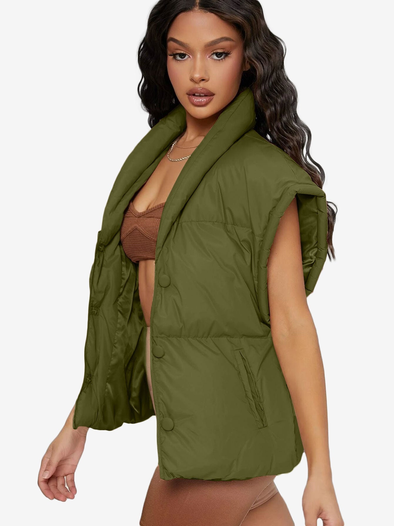 Shawl Collar Slant Pockets Puffer Vest Coat