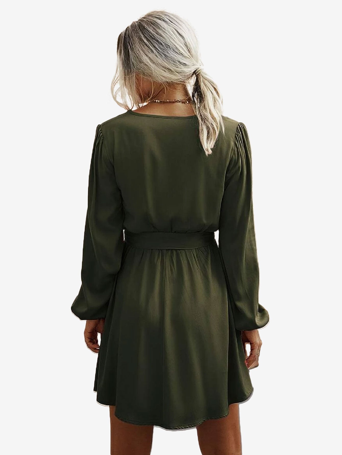 Charming V Neck Lantern Sleeve Belted Dress