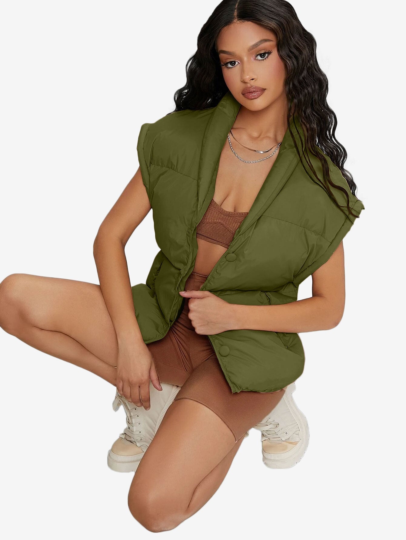 Shawl Collar Slant Pockets Puffer Vest Coat