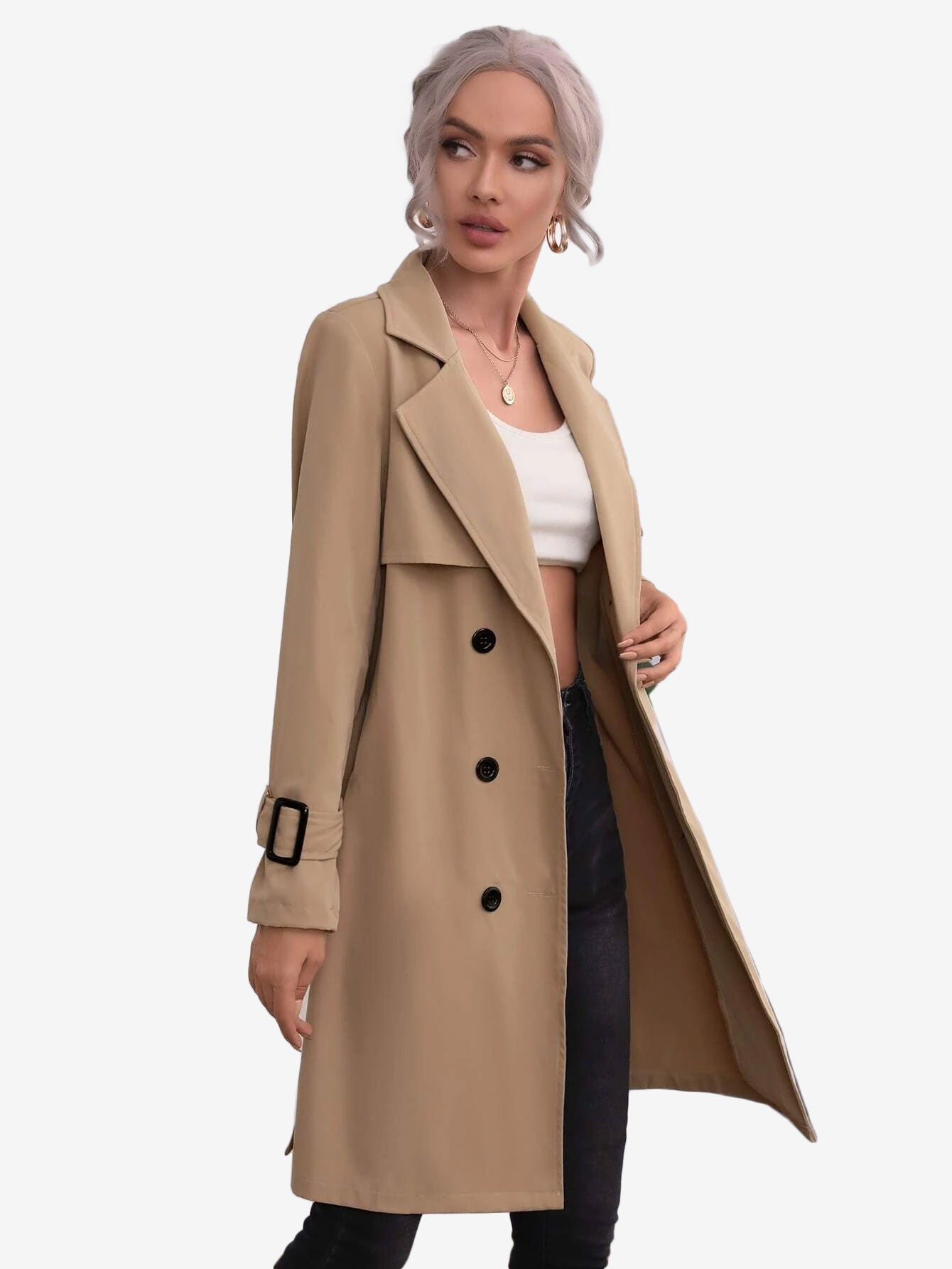 Double Breasted Buckle Belted Trench Coat