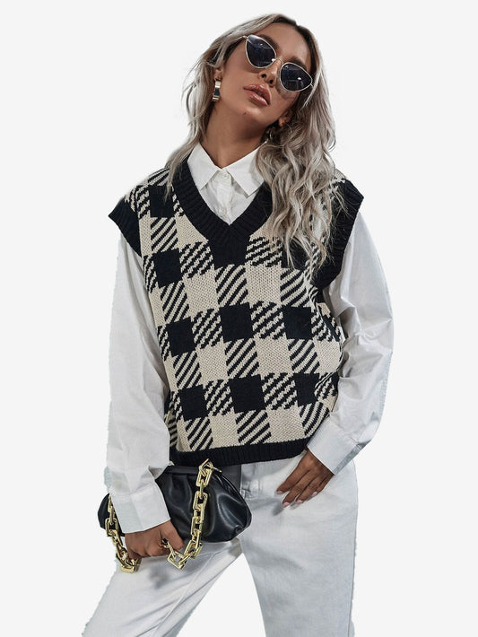 Cute V-neck Gingham Sweater Vest
