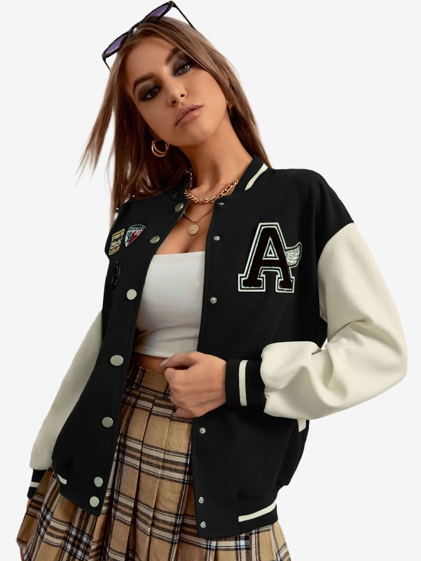 Contrast Sleeve Letter Patched Bomber Jacket