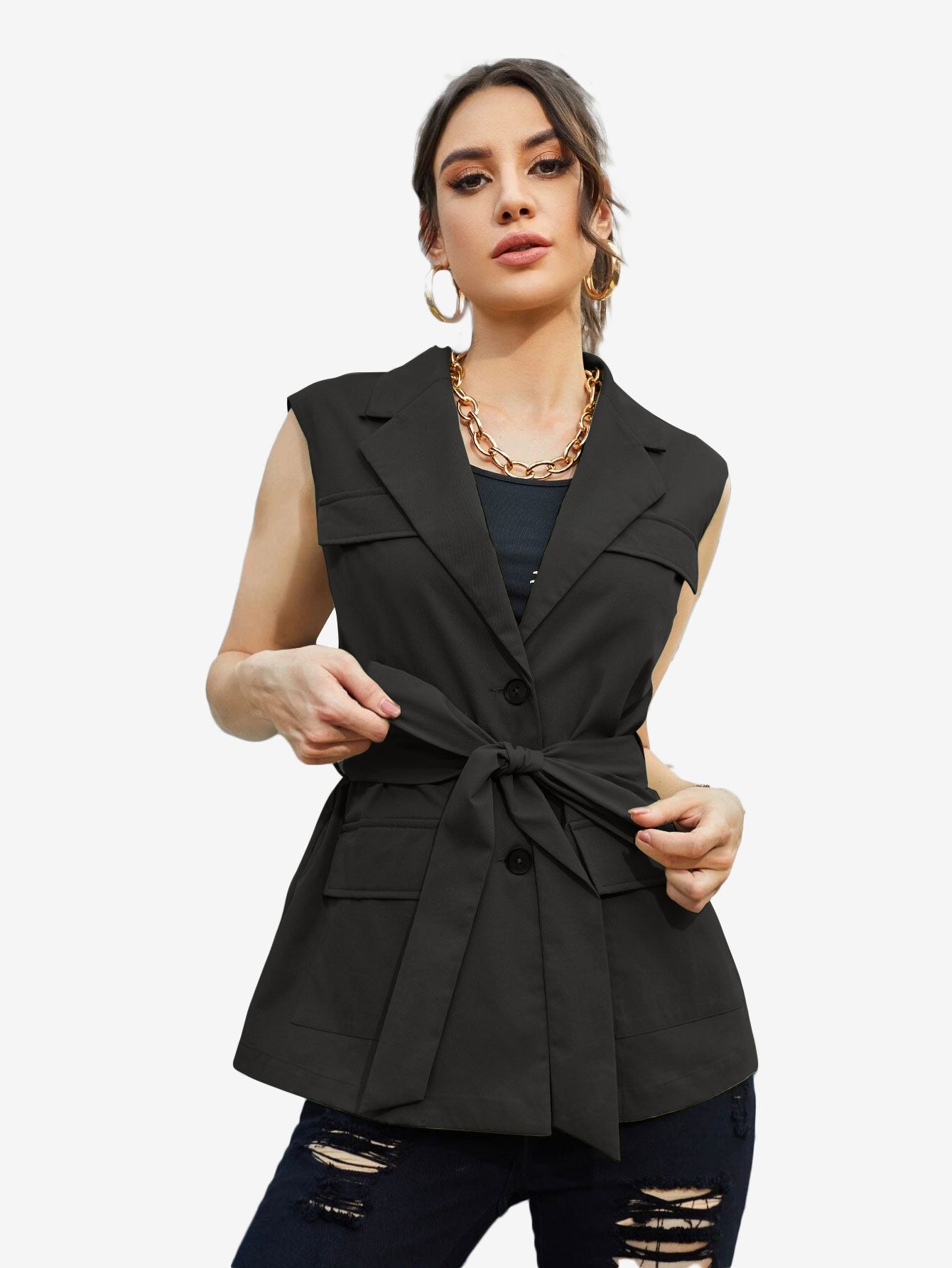 Autumn Lapel Neck Flap Pocket Belted Vest Blazer