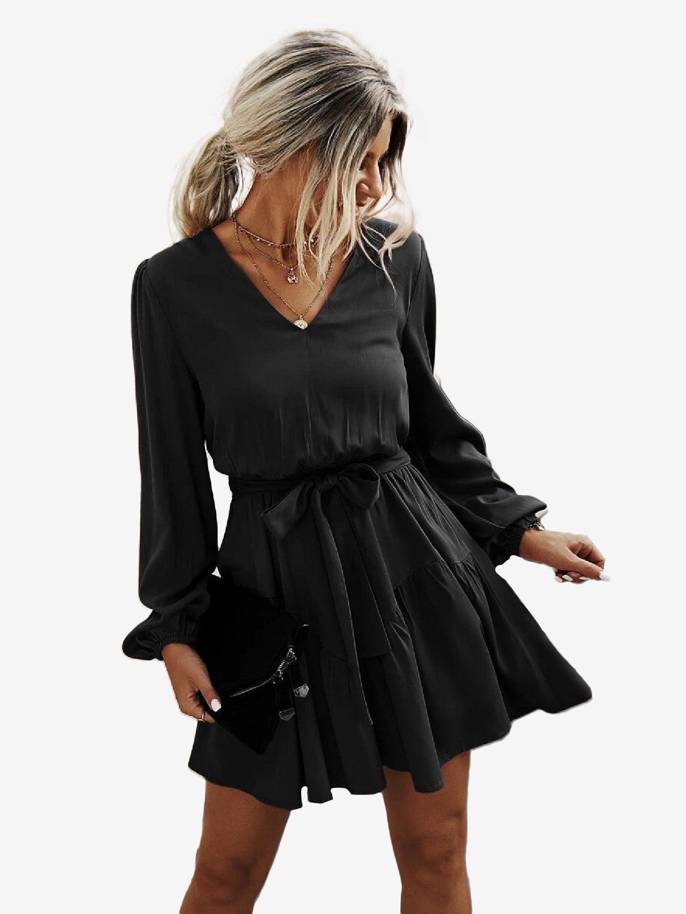 Charming V Neck Lantern Sleeve Belted Dress