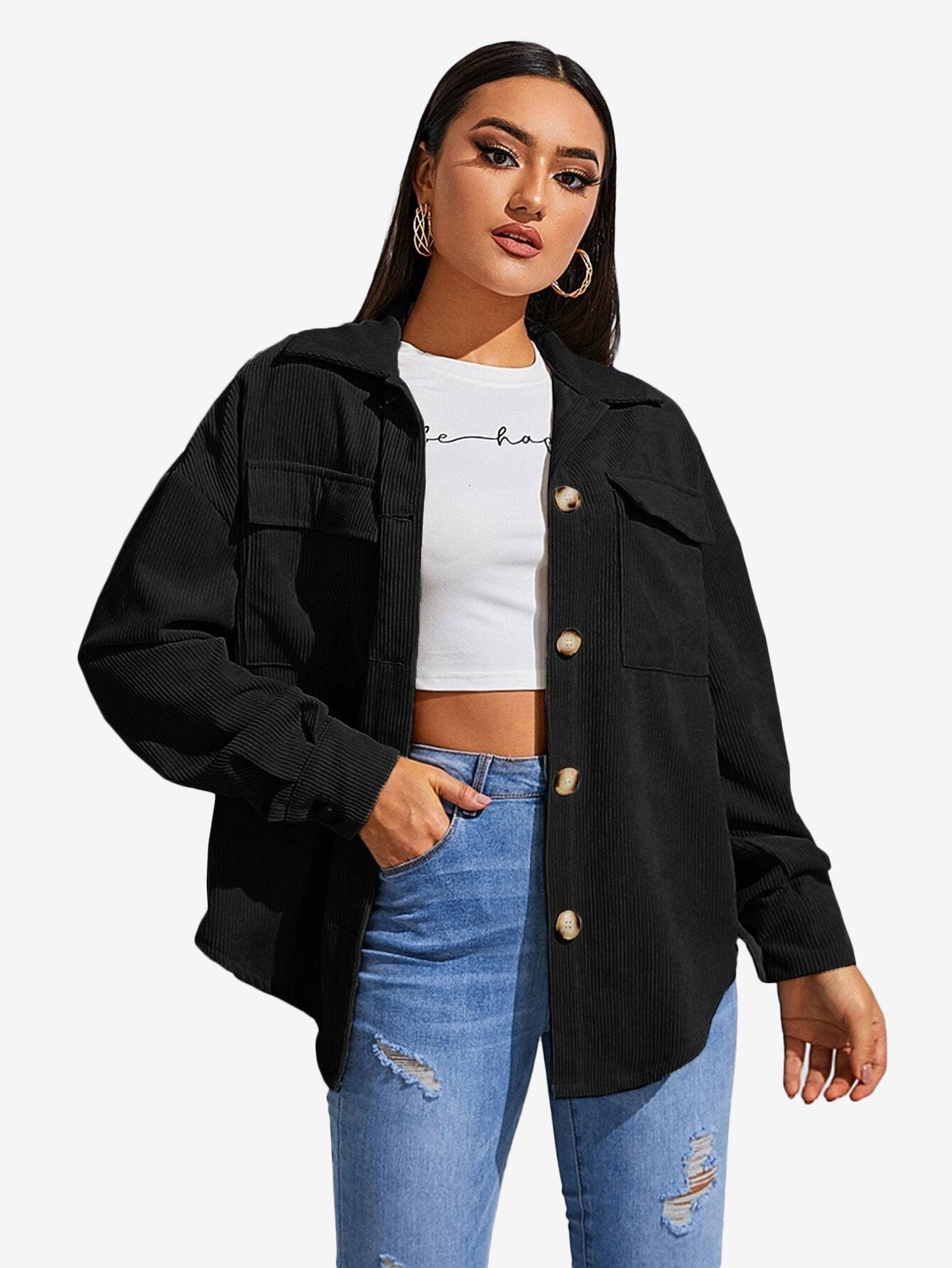 Flap Pocket Drop Shoulder Corduroy Coat