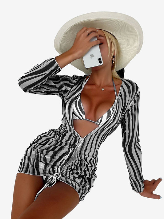Adorable 3pack Striped Halter Triangle Thong Bikini Swimsuit _ Cover Up