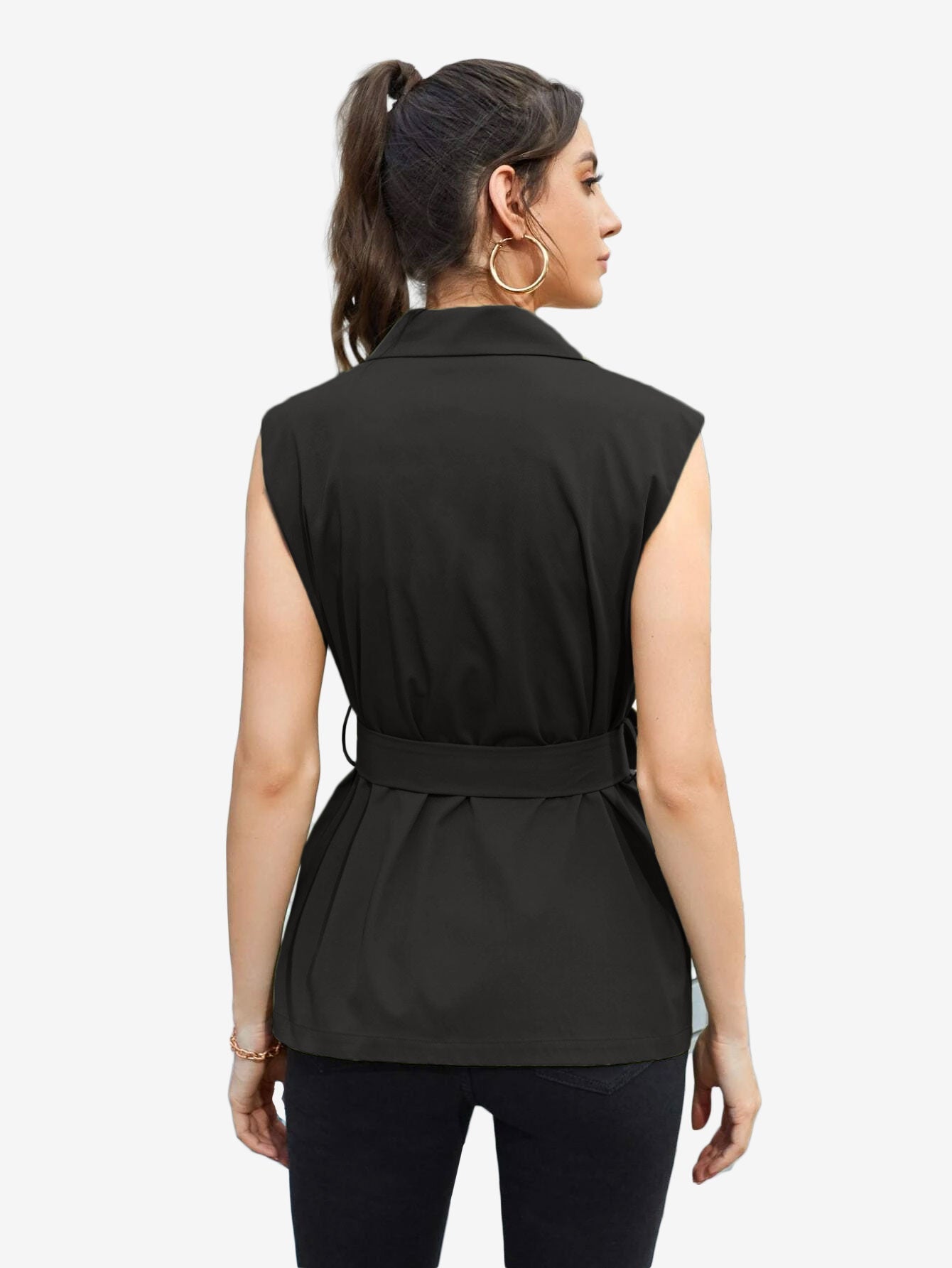 Autumn Lapel Neck Flap Pocket Belted Vest Blazer