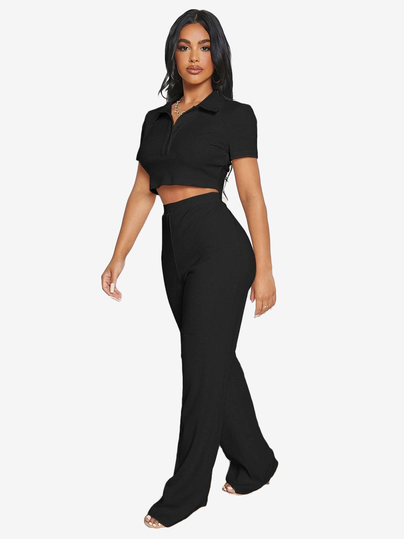 Button Half Placket Rib-knit Crop Top